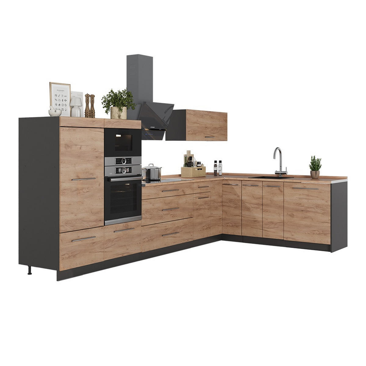 KUHINJA U OBLIKU SLOVA L Fame-Line, Hrast zlatnog tona/Antracit, 347 x 207 cm, RP Antracit - hrast medunac/antracit, drvni materijal (347/153.6/60cm) - Vicco