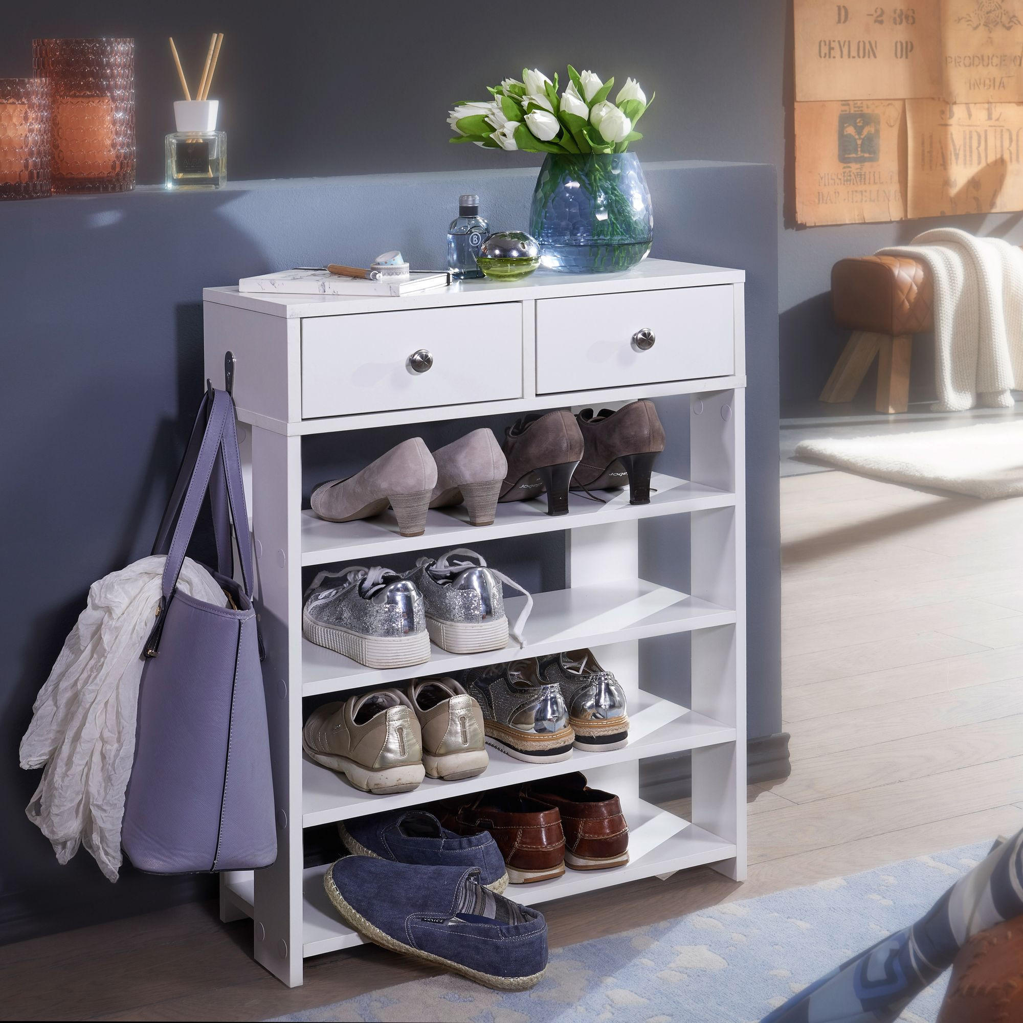 SCHUHREGAL – Weiß, Platz für 8–12 Paar Schuhe, mit Schubladen - Weiß, Holz/Metall (60/79/24cm) - KADIMA DESIGN