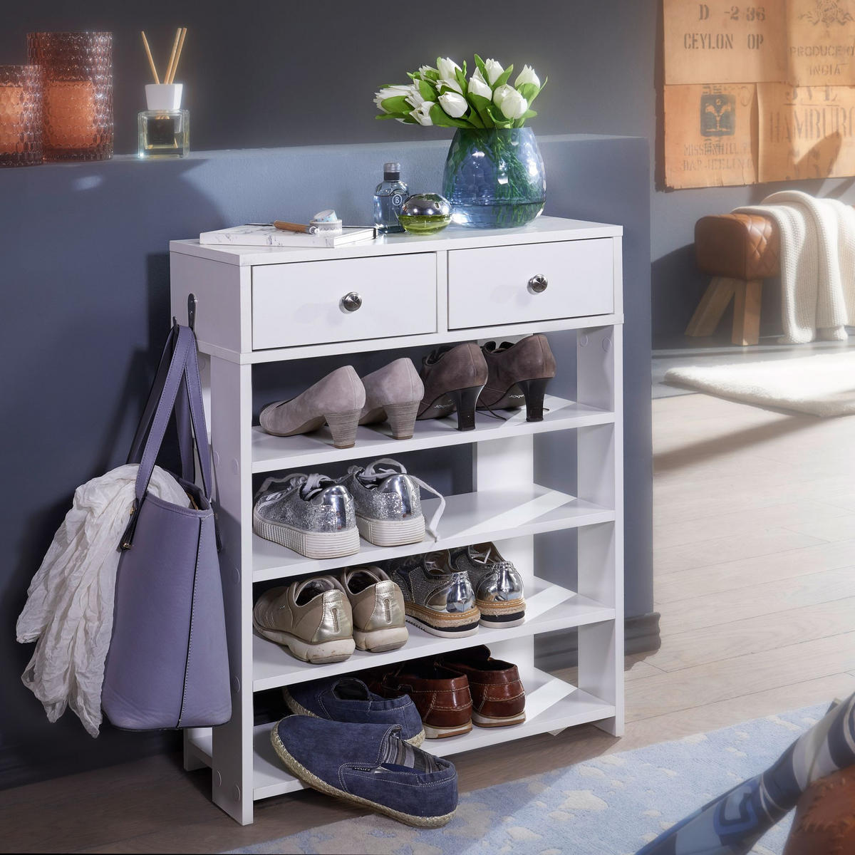 SCHUHREGAL – Weiß, Platz für 8–12 Paar Schuhe, mit Schubladen - Weiß, Holz/Metall (60/79/24cm) - KADIMA DESIGN