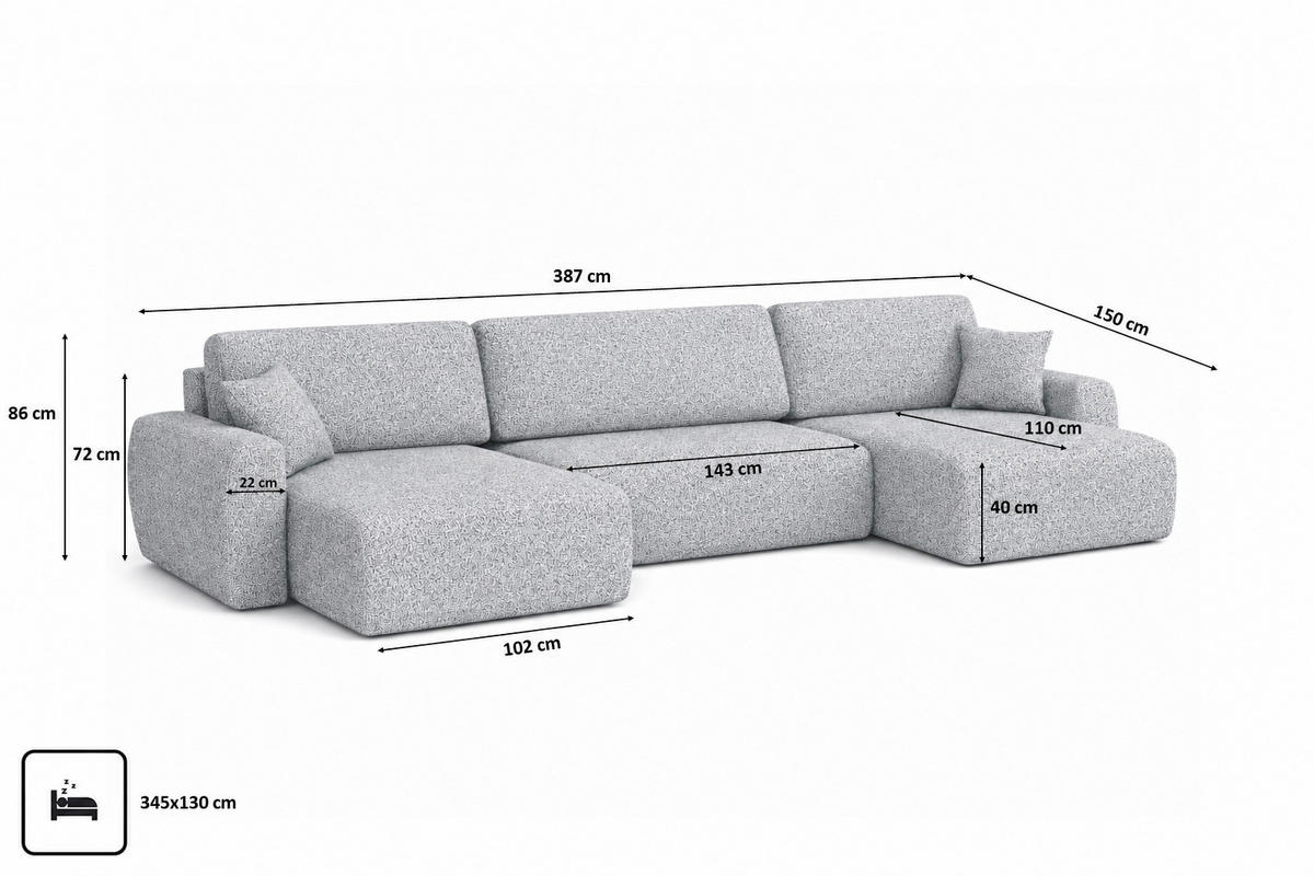 ECKSOFA Mit Schlaffunktion Und Bettkasten U-Form Ariel U XL, Chenille-Stoff Artico, Cement - Hellgrau, Holz (387/142cm) - Kaiser Möbel