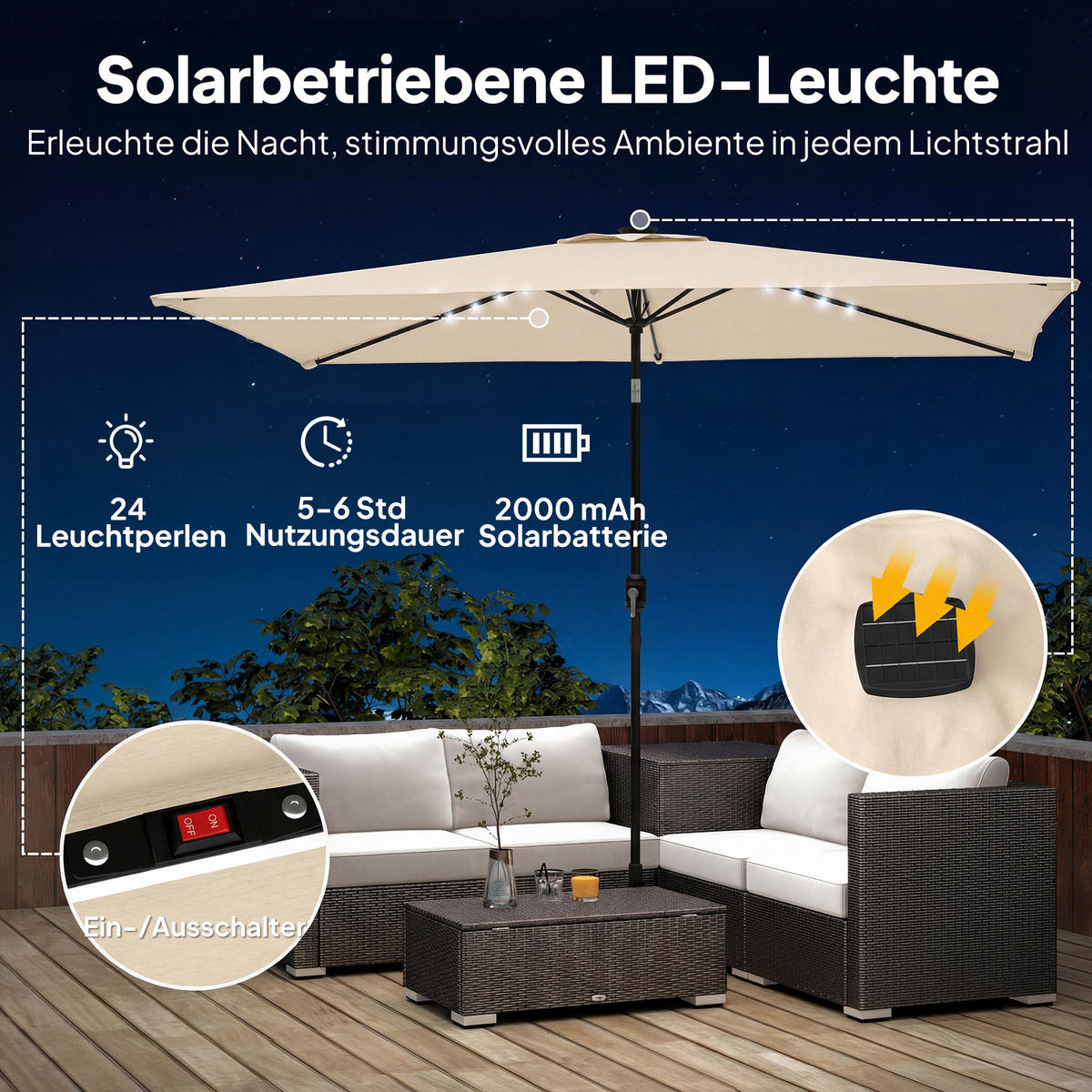 SONNENSCHIRM mit Solar LED Cremeweiß - Creme, Metall (198/289cm) - Outsunny