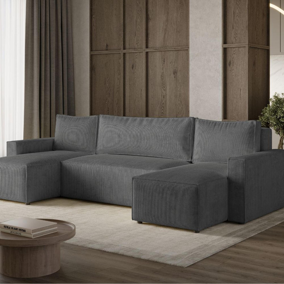 ECKSOFA LIVIO U mit Schlaffunktion und Bettkasten – Moderne Wohnlandschaft in U-Form (POSO 22) - Dunkelgrau, Holz (300/90/142cm) - Dekori_Interiors