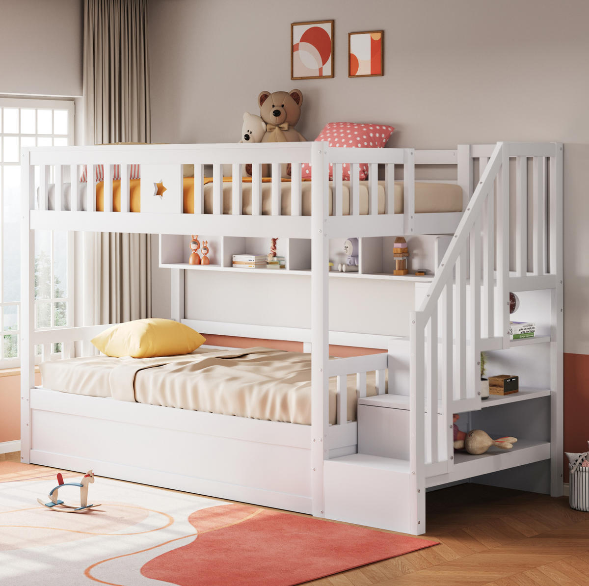 HOCHBETT 90/200 cm aus Holz mit Regal und Stauraumtreppe, Weiß - Weiß, Holz (90/200cm) - OKMYHOME