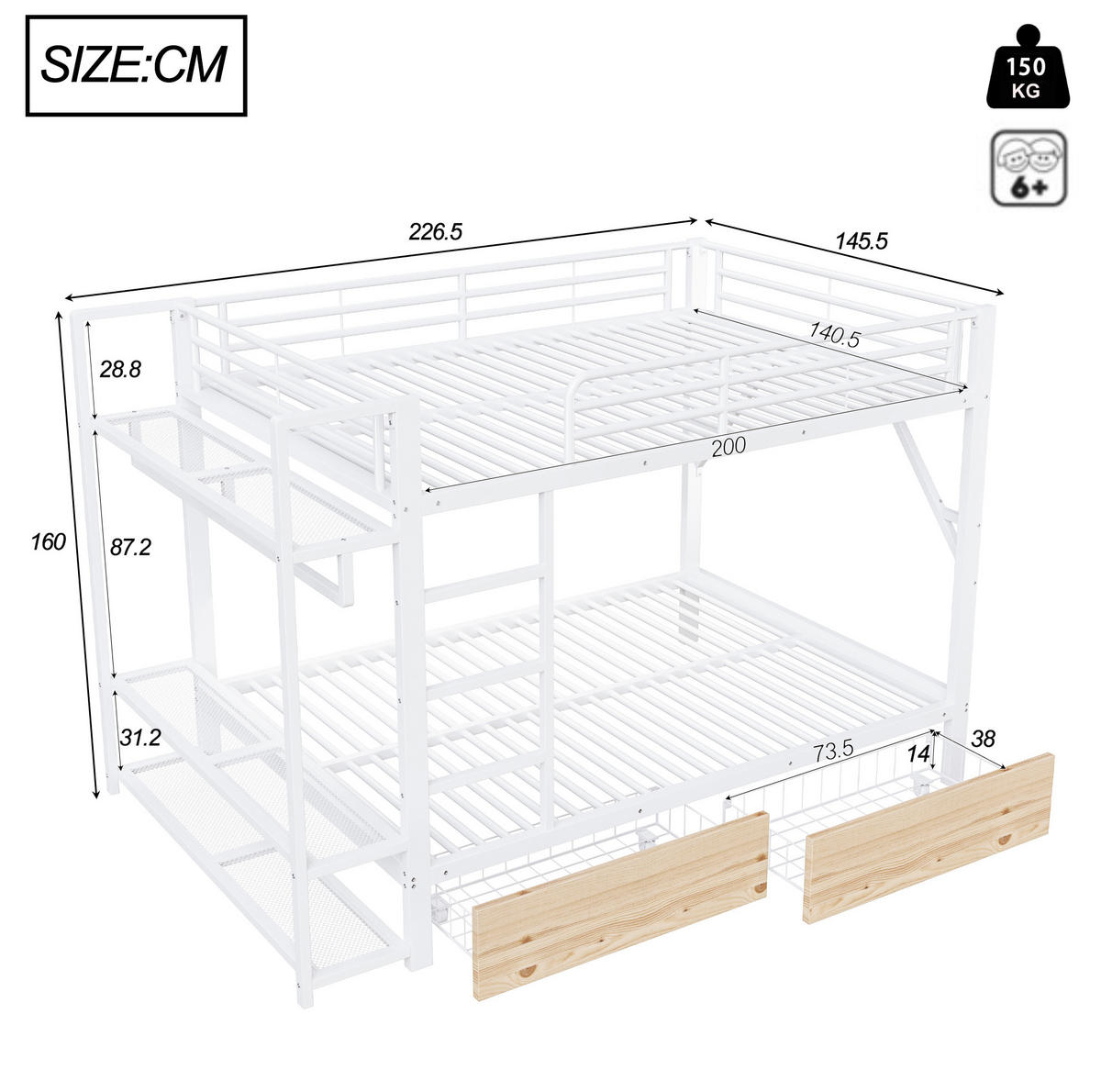 ETAGENBETT aus Metall und MDF 140x200 cm Weiß mit LED-Lichtleiste, 2 Schubladen, Regalen und Kleiderstange - Weiß, Metall (140/200cm) - Modfu
