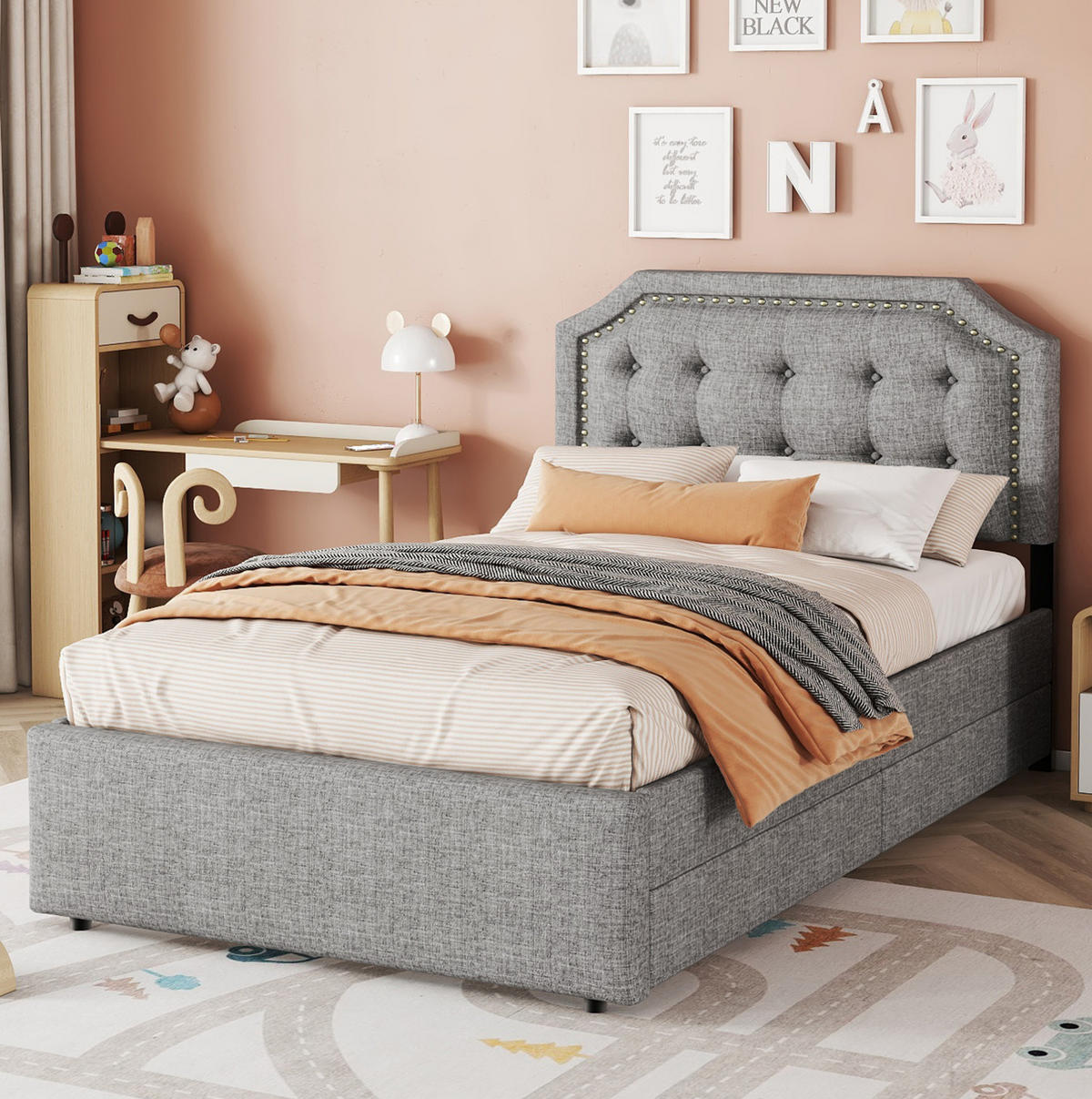 POLSTERBETT aus MDF und Leinen 90x200 cm Grau mit Schubladen und höhenverstellbarem Kopfteil - Grau, Textil (90/200cm) - IVMEU