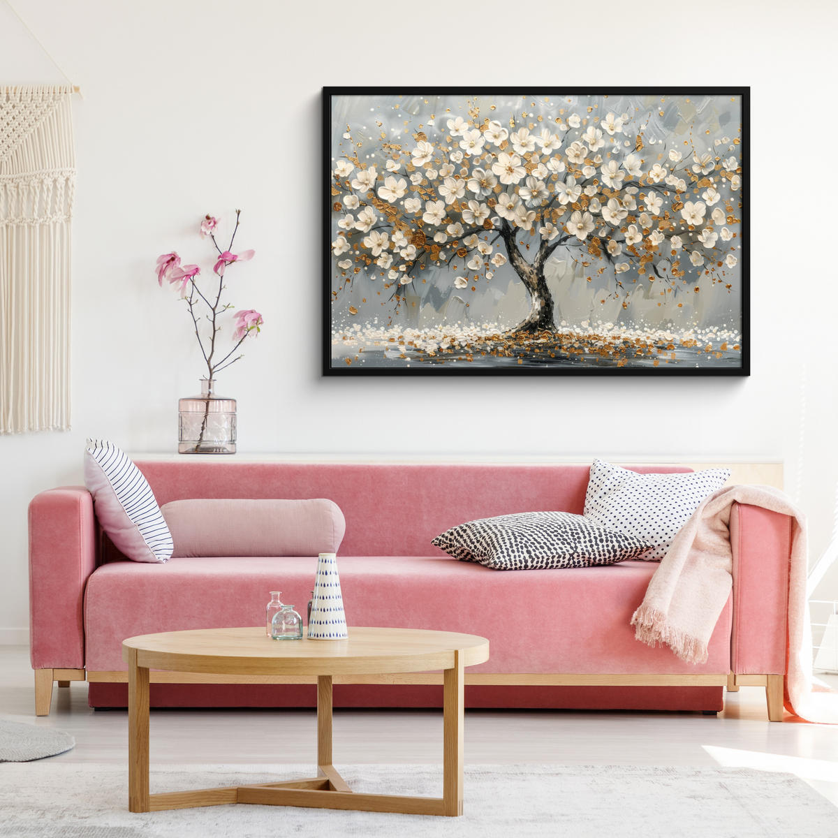 POSTER MIT RAHMEN Baum - Blumen - Weiß - Natur - Kunst 120x80 cm - Weiß, Papier (120/80cm) - MuchoWow