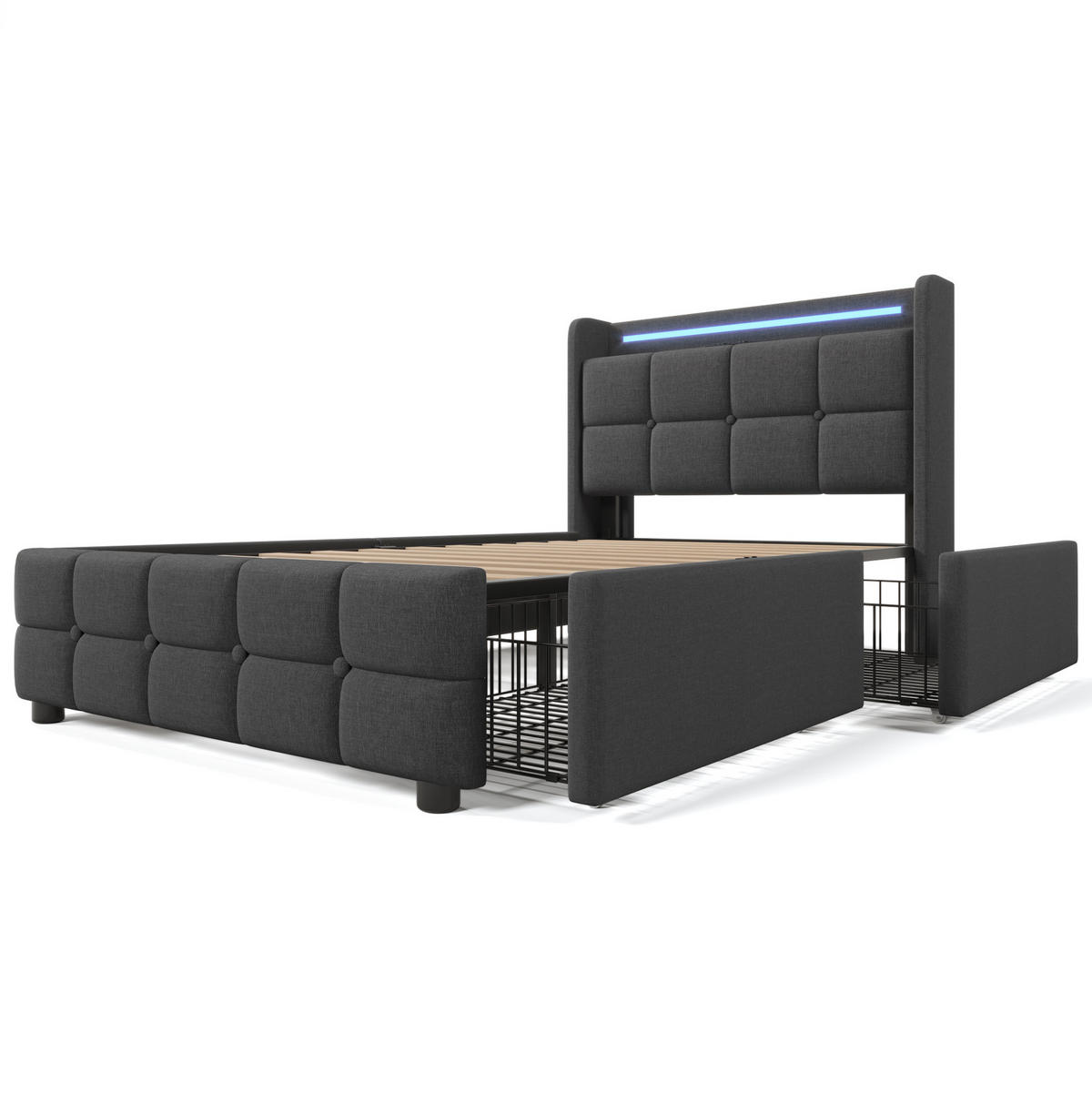 POLSTERBETT 90/200 cm Grau mit LED-Beleuchtung, USB-Anschlüssen und 2 Schubladen - Grau, Holz (90/200cm) - Flora Grace