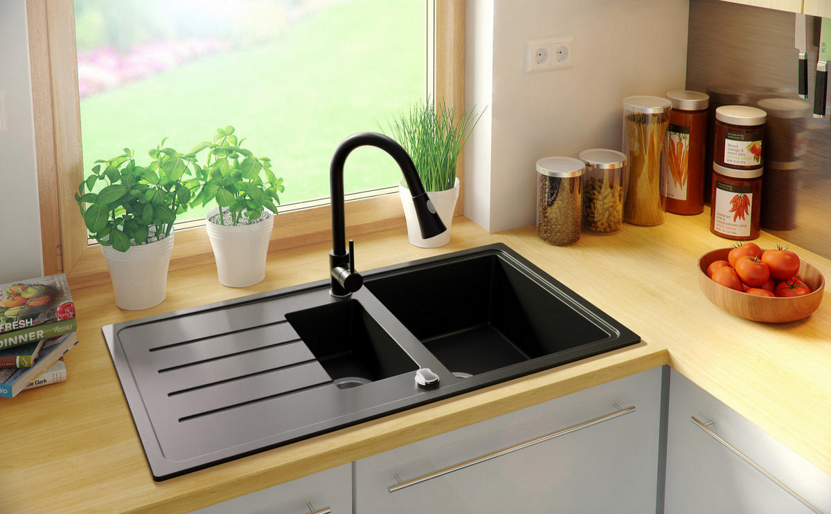 SPÜLBECKEN Kopenhagen Duo, 2-er set Alles Schwarz 90/50 cm 1,5 Becken + Ablauf-Set ab 60er Unterschrank - Schwarz, Kunststoff (90/19/50cm) - Primagran