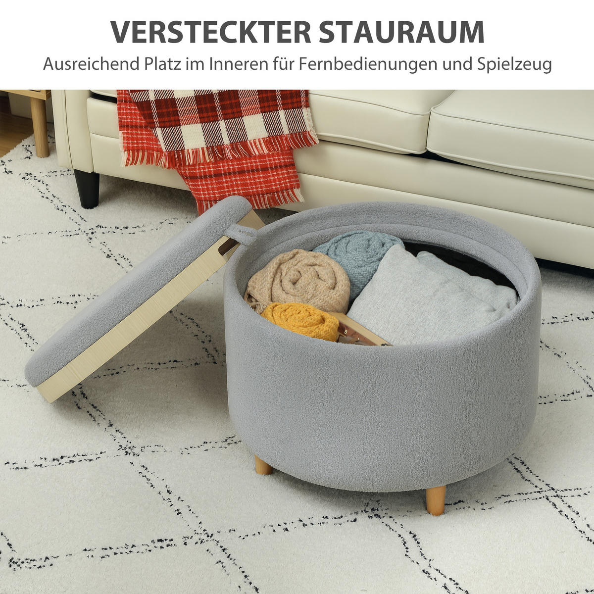 SITZHOCKER Ottomane mit Stauraum Runder Polsterhocker mit Klappdeckel, Grau - Naturfarben/Grau, Eichenholz/Kunststoff (56/42/56cm) - HOMCOM