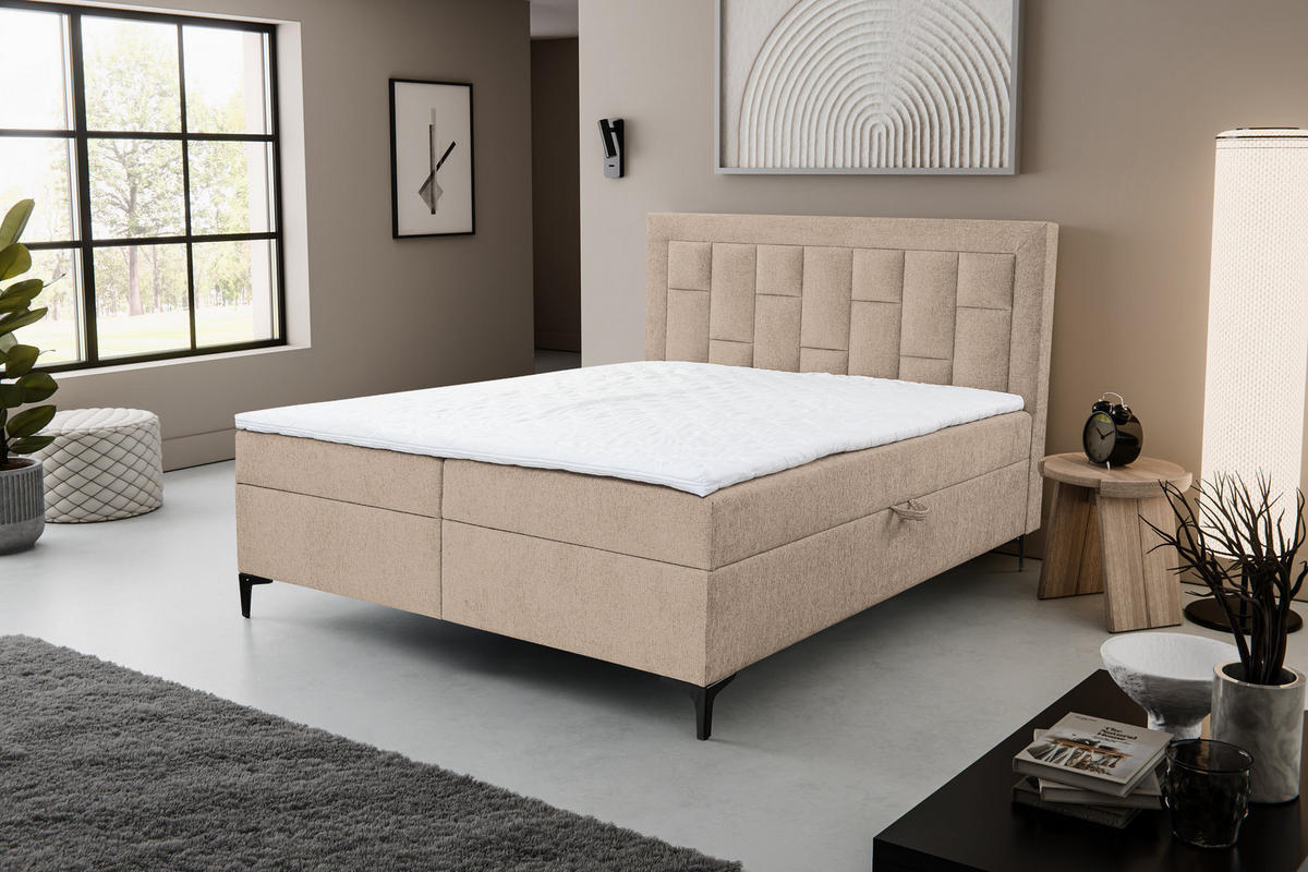 BOXBETT VENEZIA mit 2 Bettkästen, Maße: 140x200 cm, Farbe: Hellbraun , Velourstoff, mit Bonell-Matratze inkl. Topper - Hellbraun, Holz/Kunststoff (140/200cm) - VENASI MÖBEL