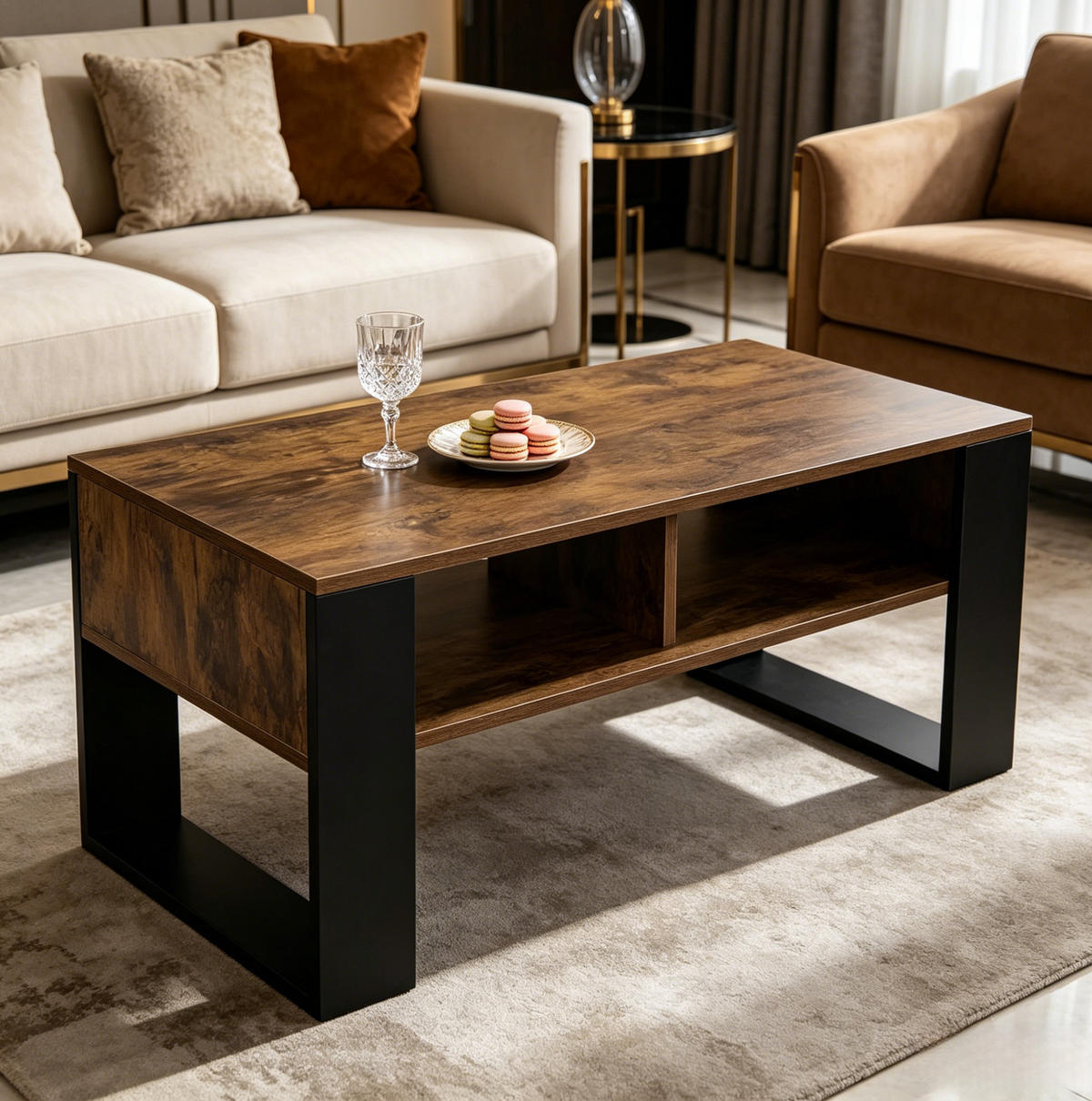 COUCHTISCH aus Holz 90x45x45 cm Schwarz/Rustikalbraun mit 2 offenen Fächern - Schwarz, Holz (90/45/45.5cm) - IVMEU