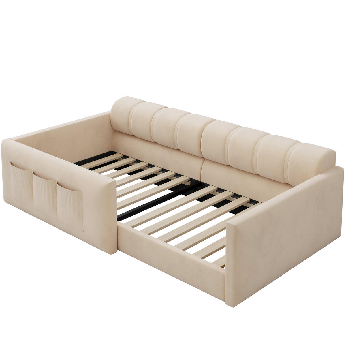 POLSTERBETT 90/200 cm in Beige Samt mit Kopfteil und Staufächern - Beige, Holzwerkstoff/Textil (90/200cm) - WISHDOR