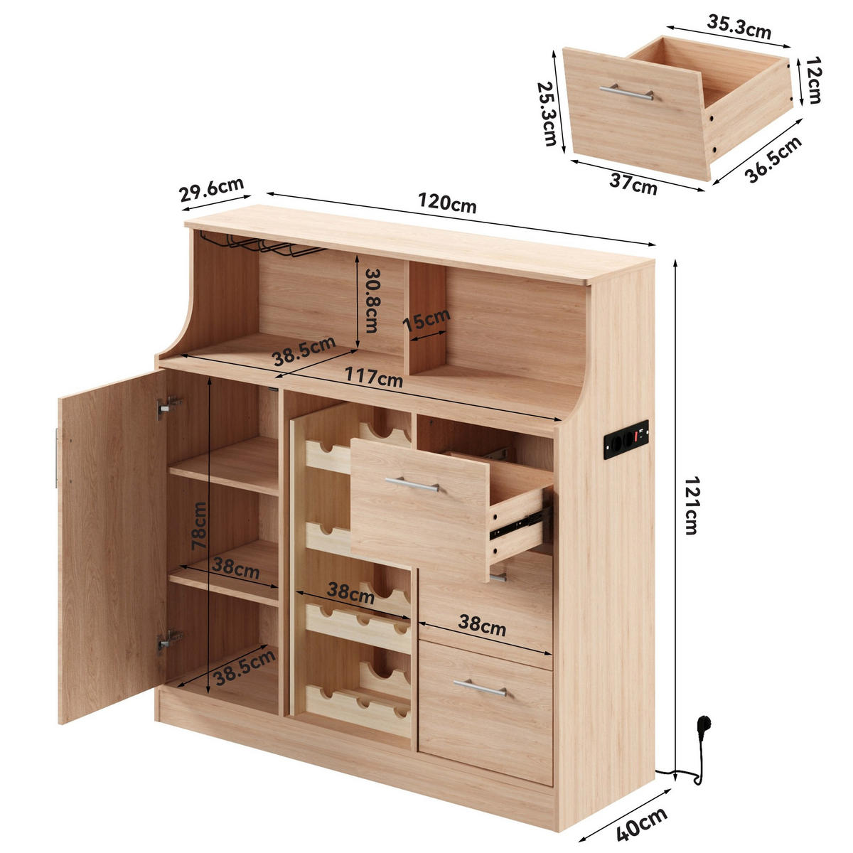 SIDEBOARD 120/40/121 cm z MDF v přírodní a bílé barvě s LED a zásuvkou - bílá, kompozitní dřevo (120/121/40cm) - Modenvie