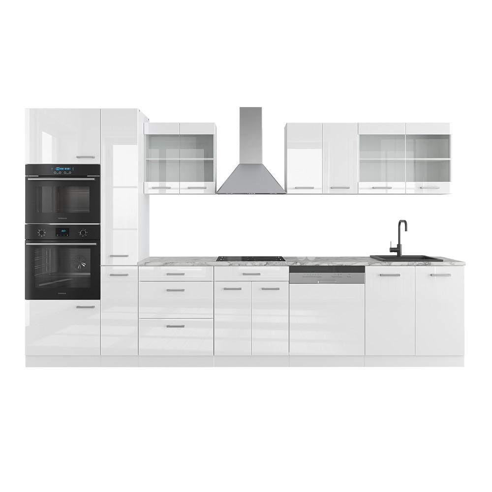 KÜCHENZEILE R-Line Weiß Hochglanz/Weiß 350 cm mit Hochschrank, ohne AP - Weiß Hochglanz/Weiß, Holzwerkstoff (350/81.6/46cm) - Vicco