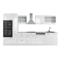 KÜCHENZEILE R-Line Weiß Hochglanz/Weiß 350 cm mit Hochschrank, ohne AP - Weiß Hochglanz/Weiß, Holzwerkstoff (350/81.6/46cm) - Vicco