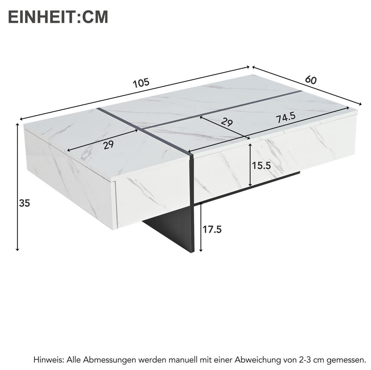 COUCHTISCH 105/60/35 cm Weiß aus Spanplatte mit 3 Schubladen und LED-Beleuchtung - Weiß, Holzwerkstoff (105/60/35cm) - OKMYHOME
