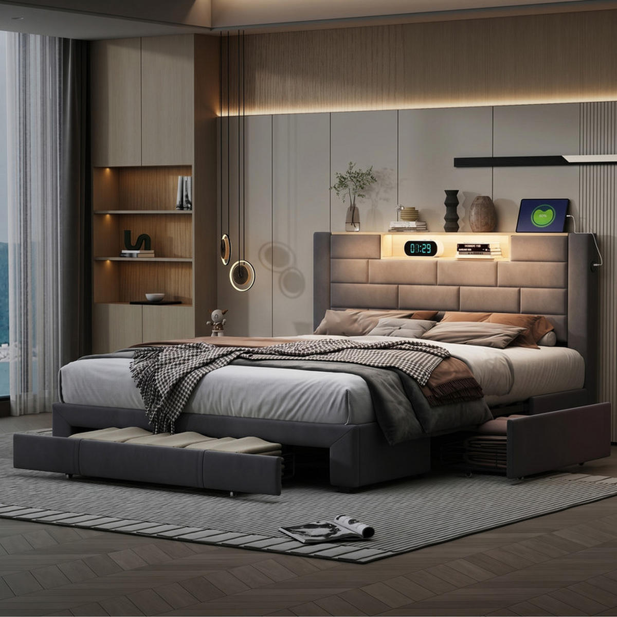 POLSTERBETT 140/200 cm grau mit Schubladen, LED und USB - Grau, Holz - SHOPENTRA