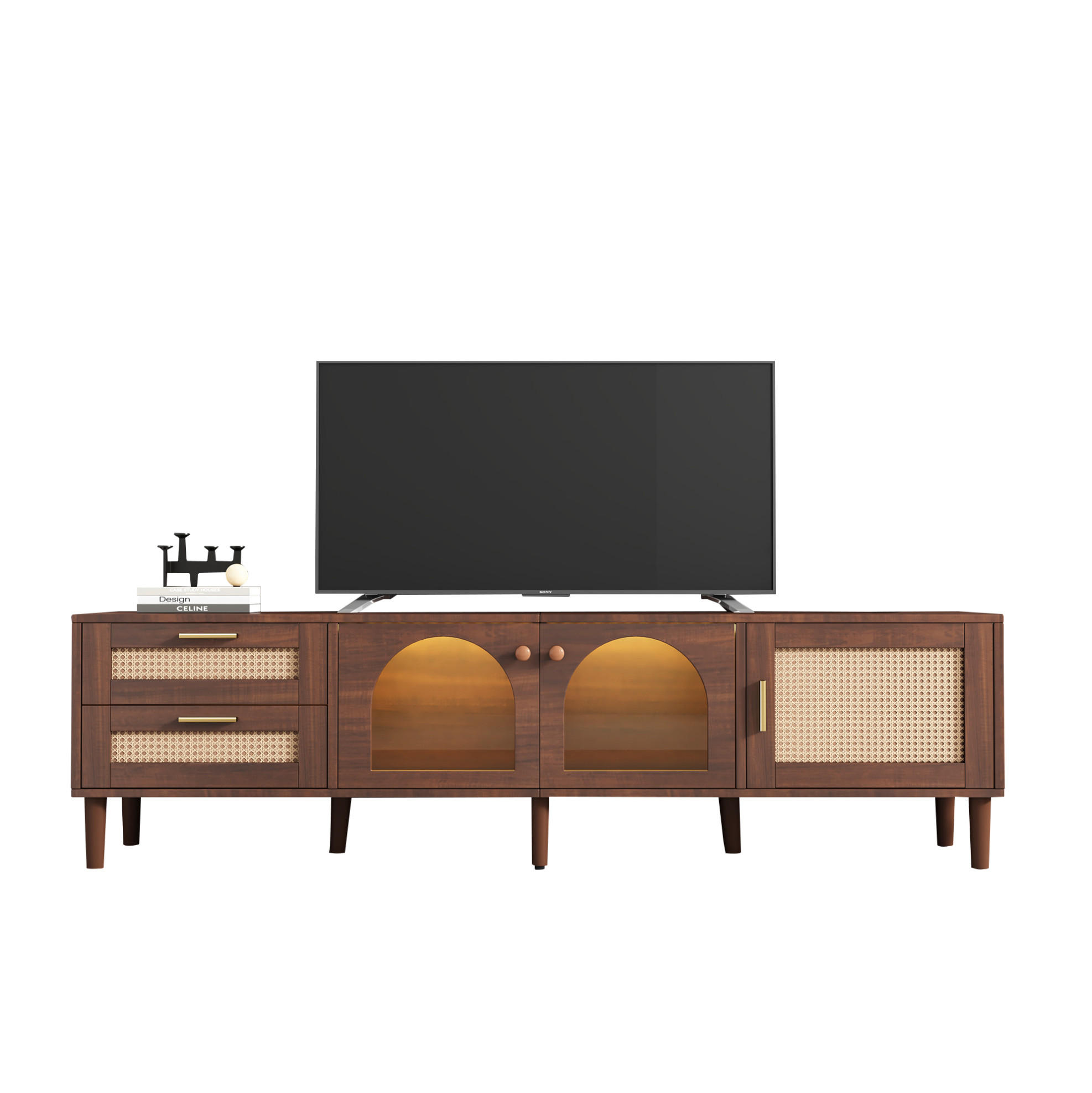 Modfu TV stolek z dřevotřísky 180x40x50 cm hnědý s LED osvětlením, ratanovými zásuvkami a skleněnými dvířky
