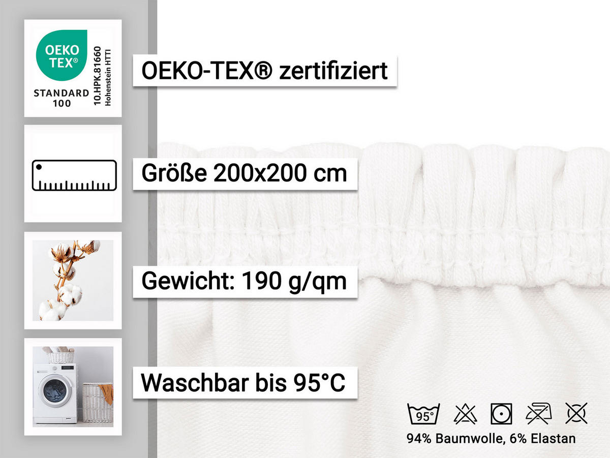 SPANNBETTLAKEN, 200x200 cm, 94% Baumwolle, 6% Elasthan, Weiß - Weiß, Textil (200/200cm) - Zollner