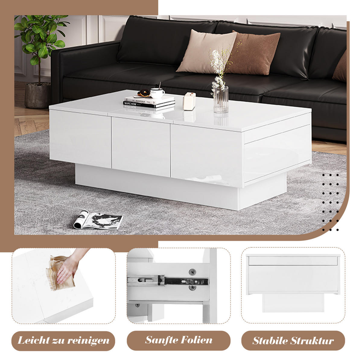 COUCHTISCH Weiß Hochglanz mit Stauraum und Schubladen - Weiß, Holzwerkstoff/Metall (55/100/35cm) - Urban Meuble