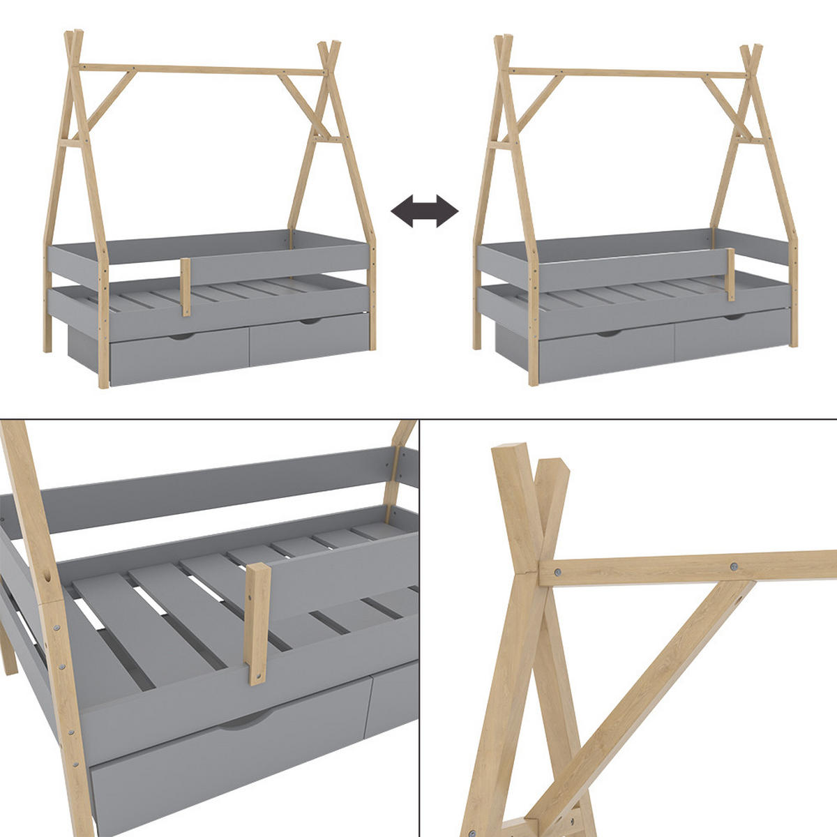 TIPI-BETT Bali Grau 80x160 cm mit 2 Schubladen - Grau, Holz - VitaliSpa
