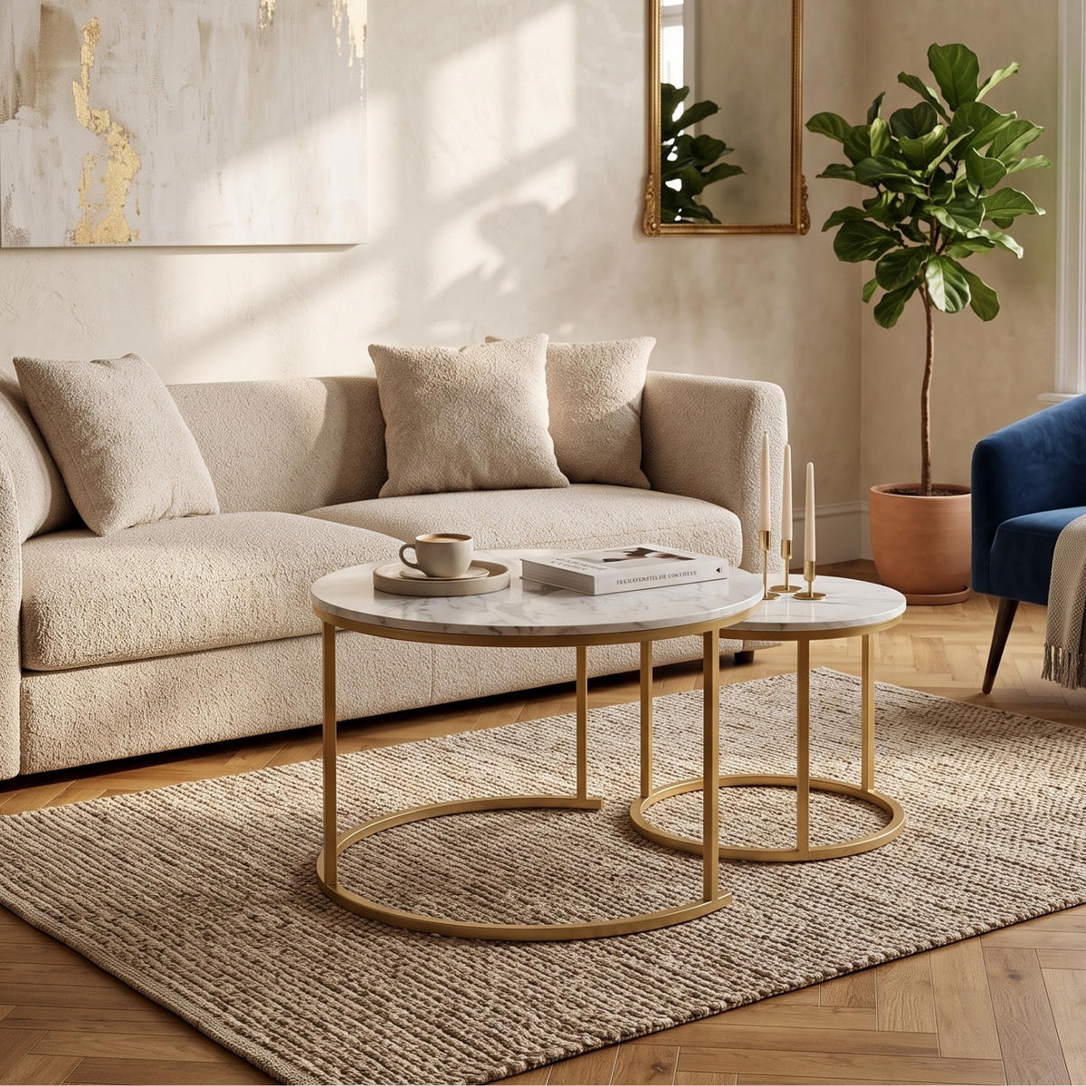 COUCHTISCH 2er-Set rund Gold, Weiß - Weiß, Metall (60/60/50cm) - SCENA LIVING