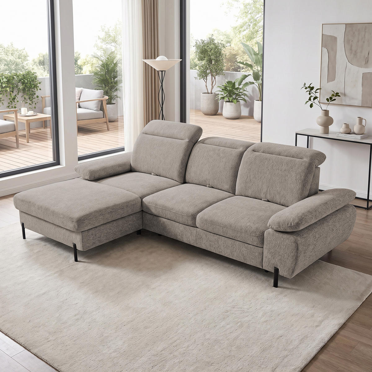 ECKSCHLAFSOFA Sora Mini mit verstellbaren Kopfstützen und Schlaffunktion, Chenille-Stoff, Hellbraun, Links - Hellbraun/Schwarz, Textil (285/190cm) - Beautysofa