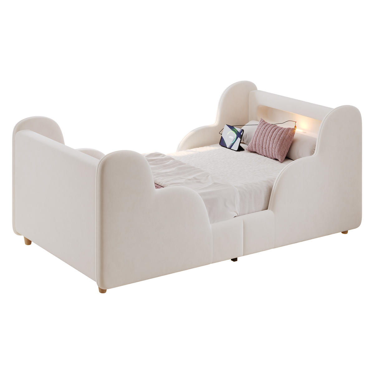 KINDERBETT 90/200 cm in Beige mit Schutzgeländer, Nachtlicht und USB Samt - Beige, Holzwerkstoff/Textil (90/200cm) - CHICFURN