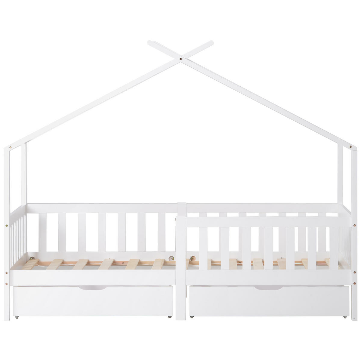 HAUSBETT 90/200 cm Weiß mit Zaun und 2 Schubladen aus Massivholz - Weiß, Holz (90/200cm) - OKWISH