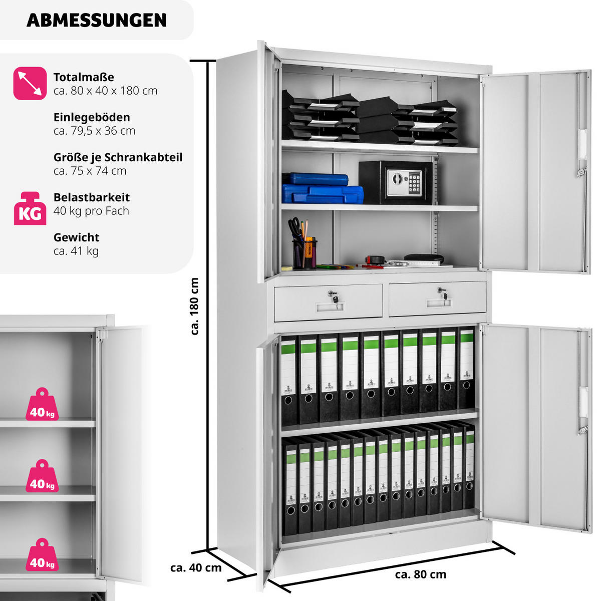 AKTENSCHRANK ,180 x 80 x 40 cm,hellgrau - Hellgrau, Metall (40/180/80cm) - tectake