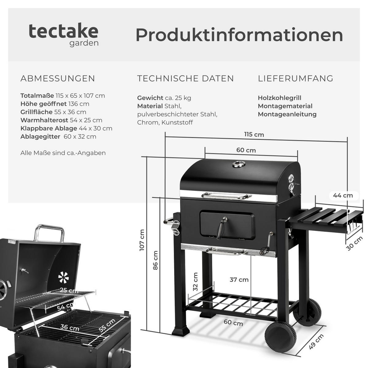 HOLZKOHLEGRILL Florian,115 x 65 x 107 cm,schwarz - Schwarz, Metall (65/107/115cm) - tectake