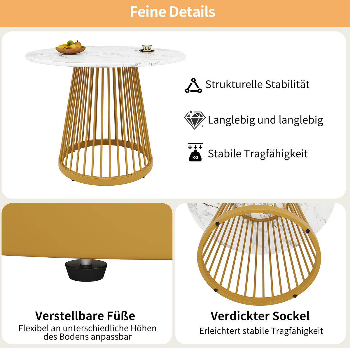 ESSTISCH 80/76/80 cm Weiß/Goldfarben aus MDF und Metall mit verstellbaren Füßen - Goldfarben, Holzwerkstoff (80/80/76cm) - OKMYHOME