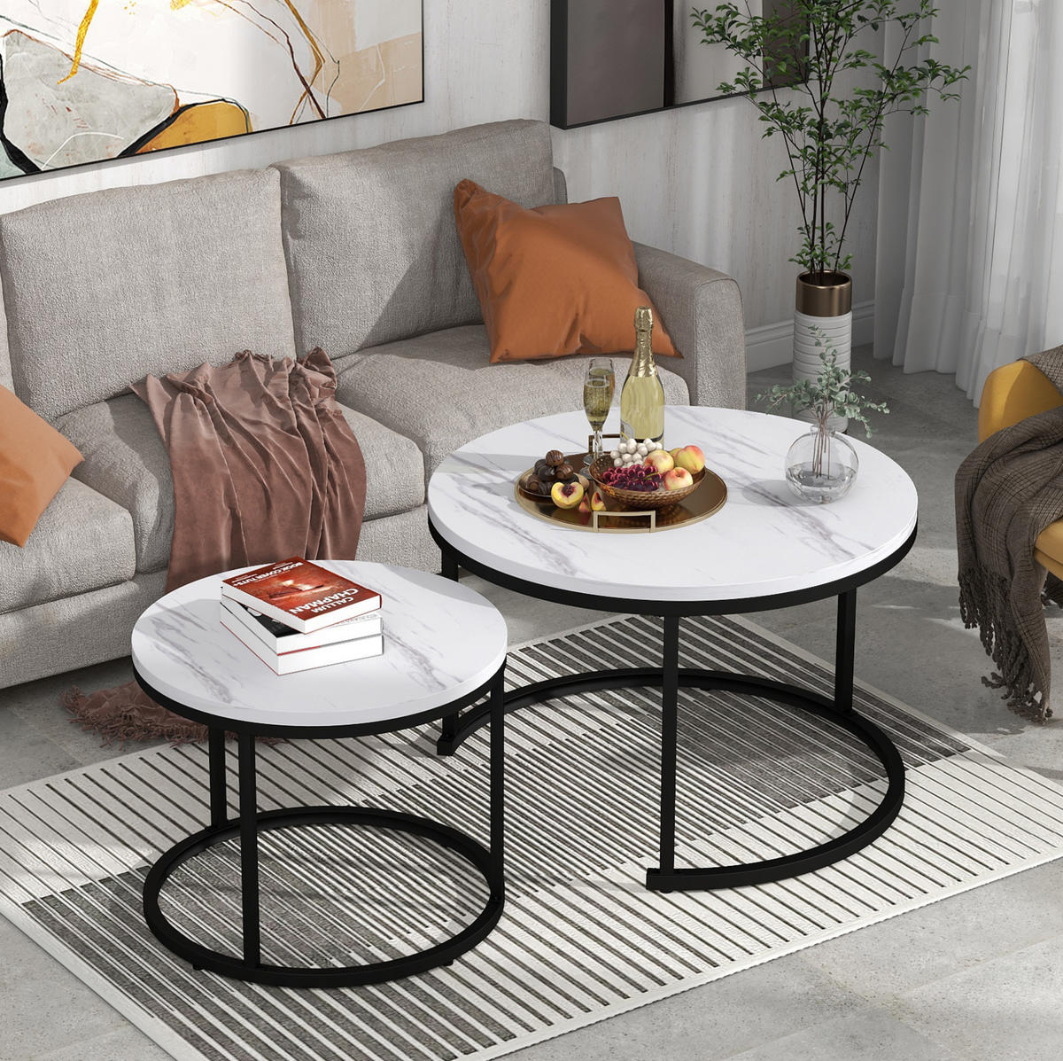 COUCHTISCH 2er-Set 50/70,5 cm & 45,5/44 cm in Marmoroptik, nestbar - Weiß, Holzwerkstoff (70.5/70.5/50cm) - Flora Grace