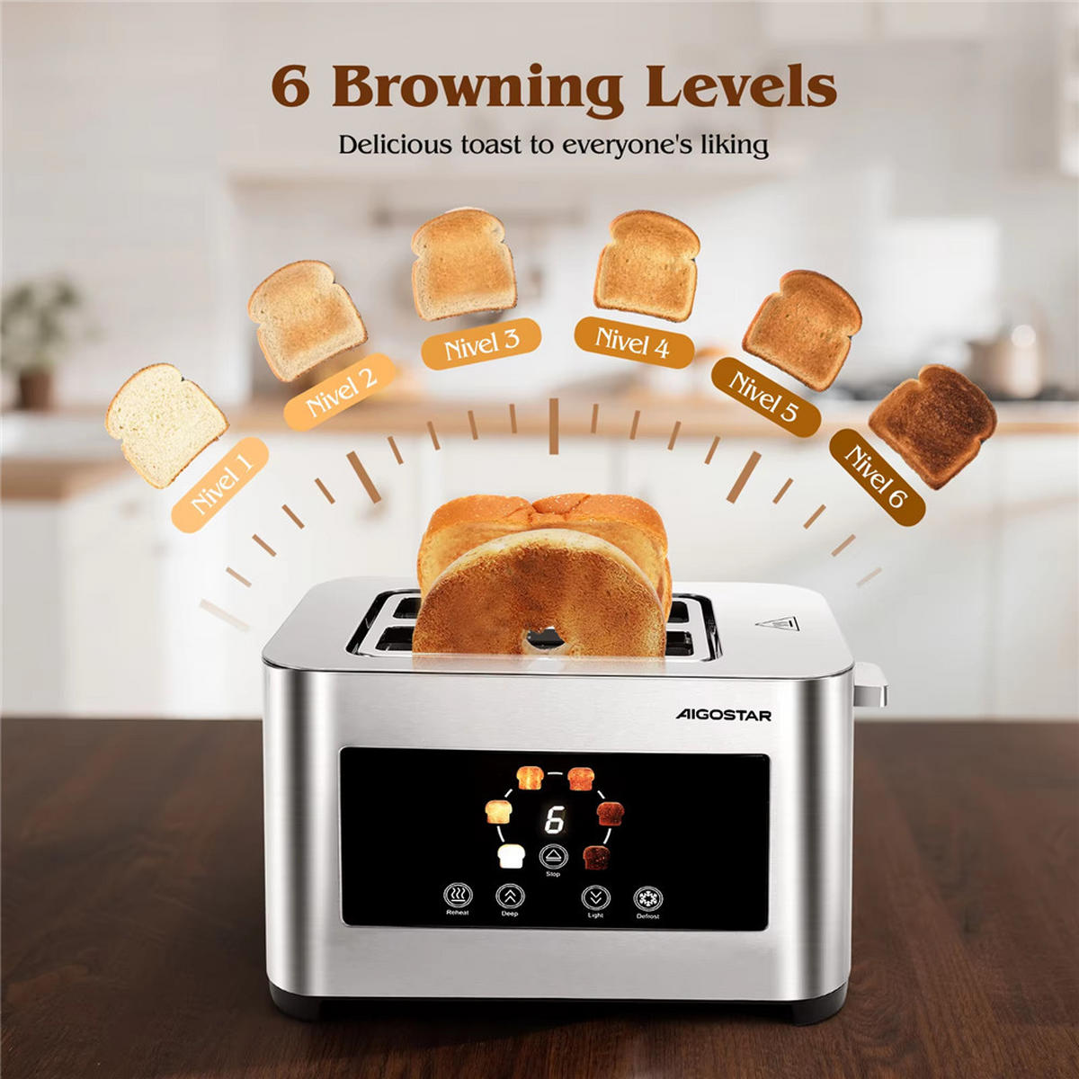 TOASTER 2 Scheiben LED Touch 6 Stufen Edelstahl 850W - Silberfarben, Metall (26/18.2/16cm) - Kaket