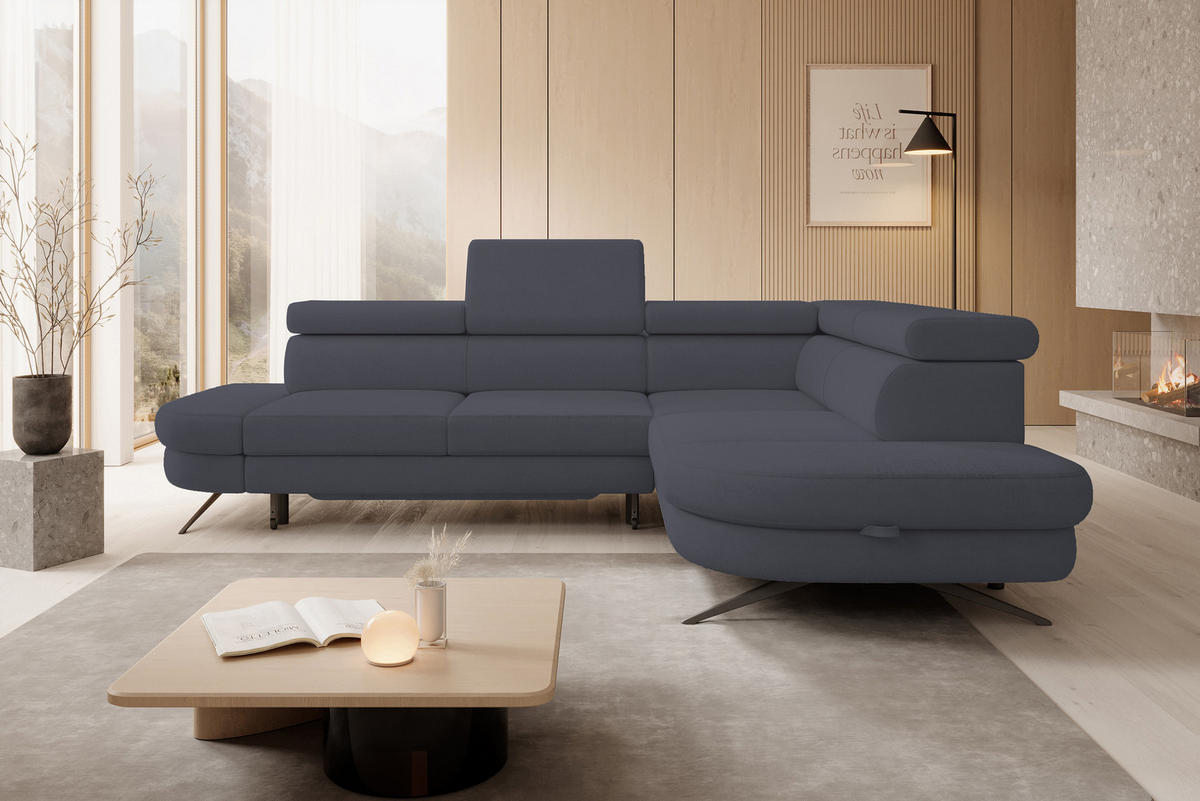 ECKSOFA OTIS L-förm, Schlaffunktion, verstellbare Kopfstützen, in AURORA-Stoff, lose Rückenkissen, freistehend, RECHTS 276x218x97 cm Dark grey - Dunkelgrau, Holz/Textil (276/218cm) - DomoHome