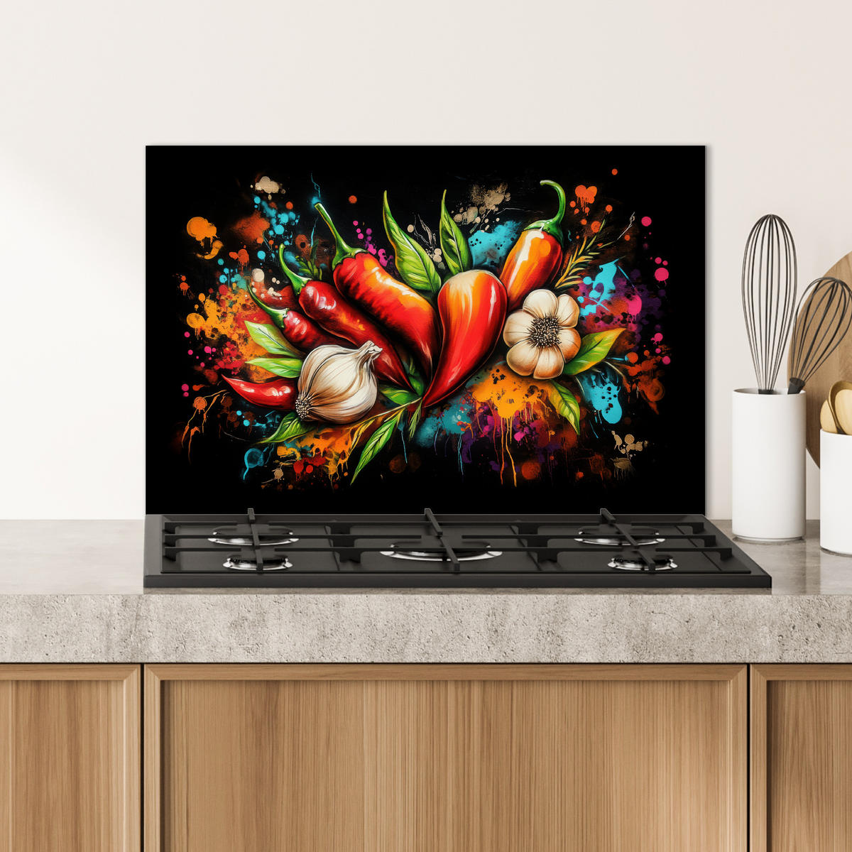 SPRITZSCHUTZ KÜCHE Gemüse - Paprika - Knoblauch - Graffiti - Farbe - Bunt 60x40 cm - Rot, Metall (60/0.3/40cm) - MuchoWow