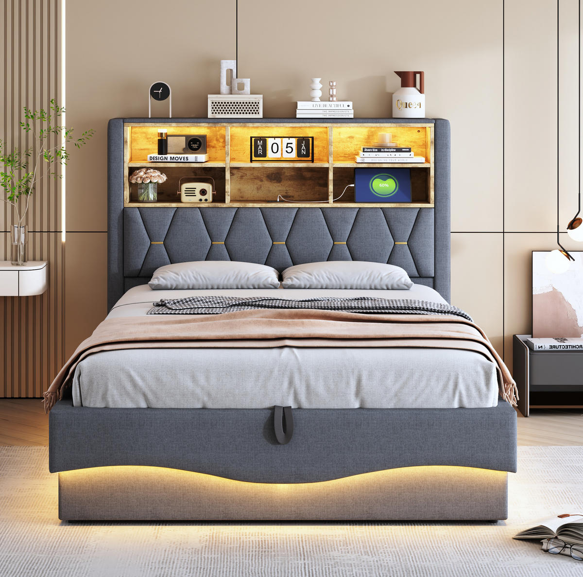 POLSTERBETT 140/200 cm Grau mit Stauraum, LED-Beleuchtung und USB-Anschluss - Grau, Metall (140/200cm) - Flora Grace