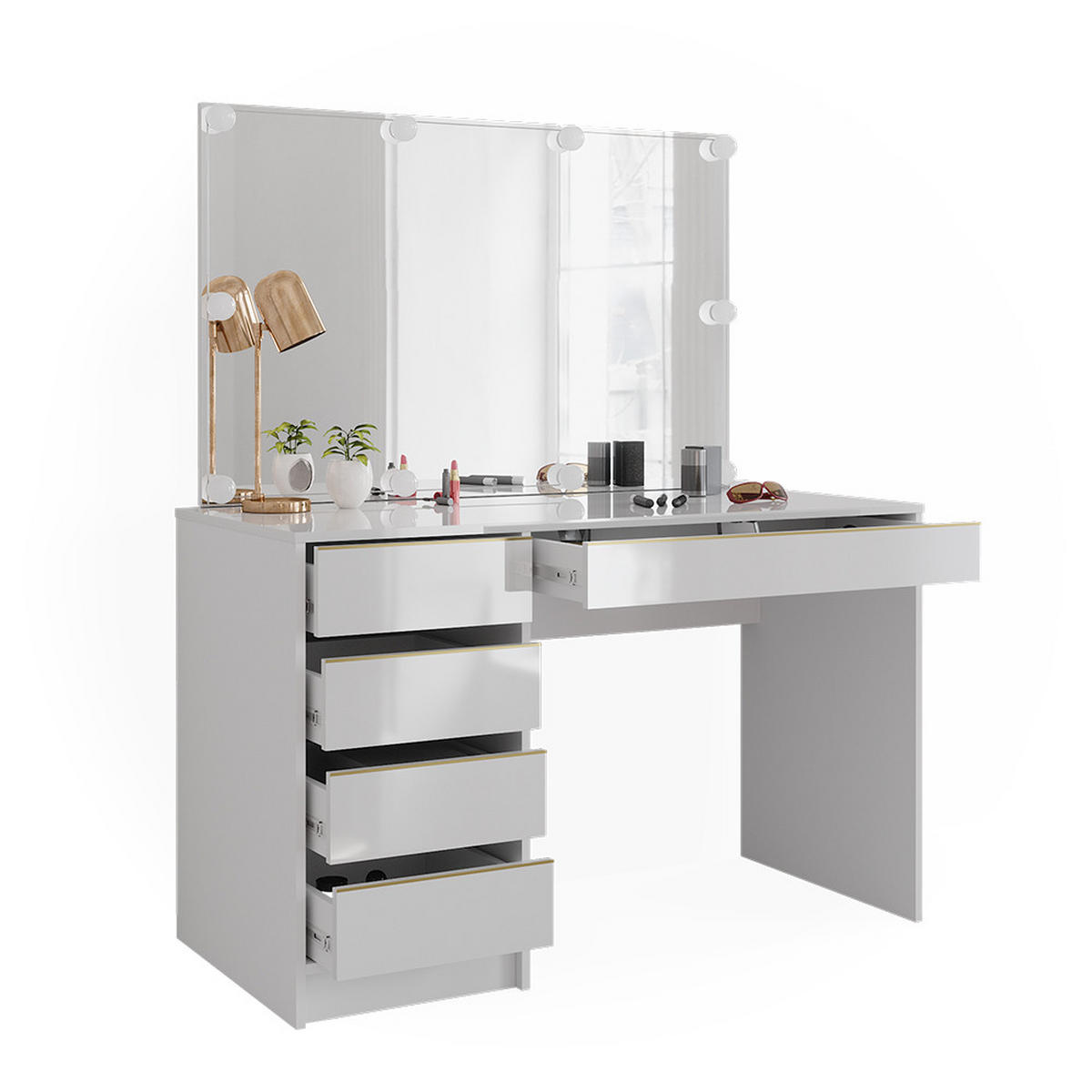 SCHMINKTISCH Sherry Weiß/Gold 120 cm mit LED Beleuchtung - Goldfarben/Weiß, Holzwerkstoff (120/75/55cm) - Vicco