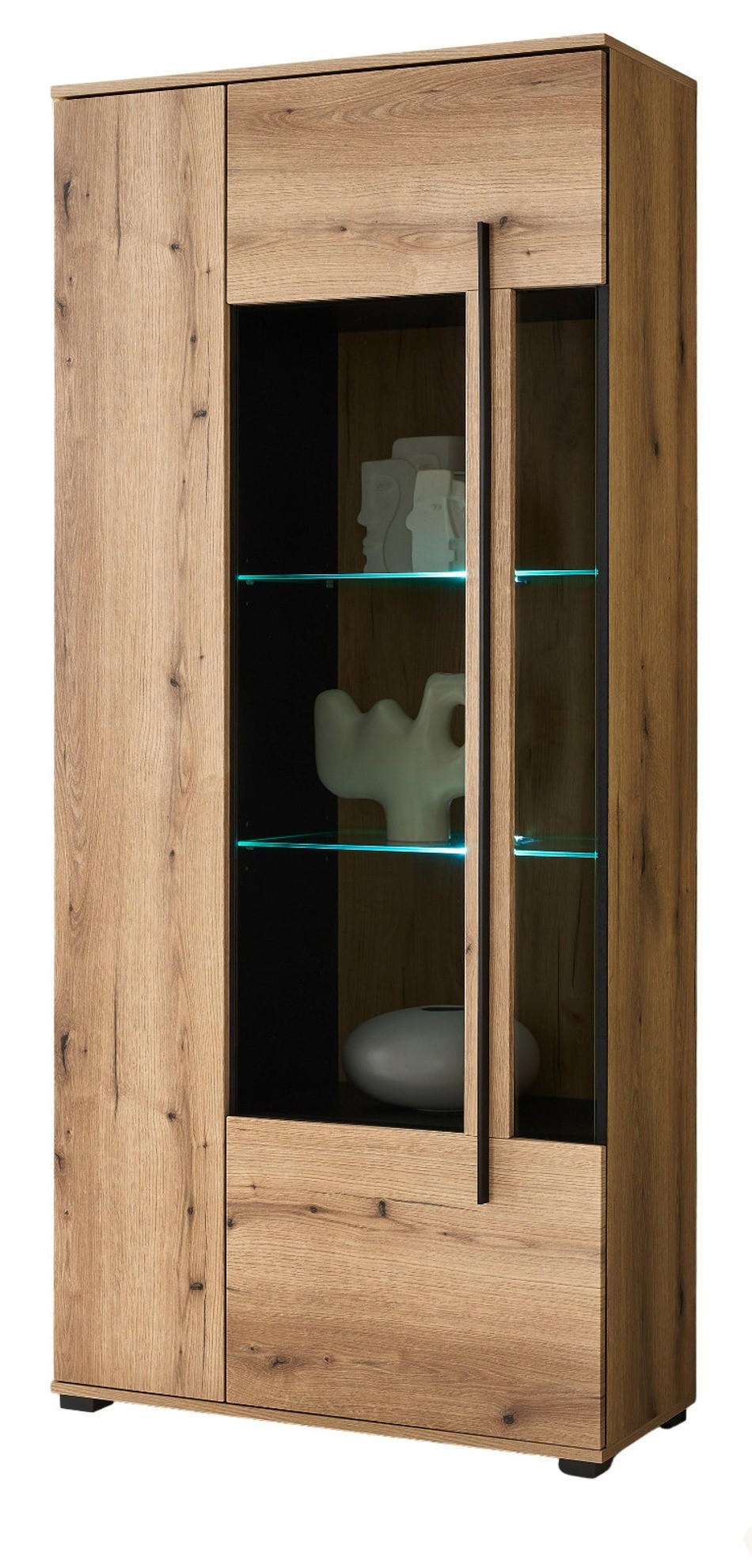 VITRINE Eiche Evoke, Vitrinenschrank 90 cm, Glas grau - Eichefarben/Schwarz, Glas/Holzwerkstoff (90/200/37cm) - Furn.Design