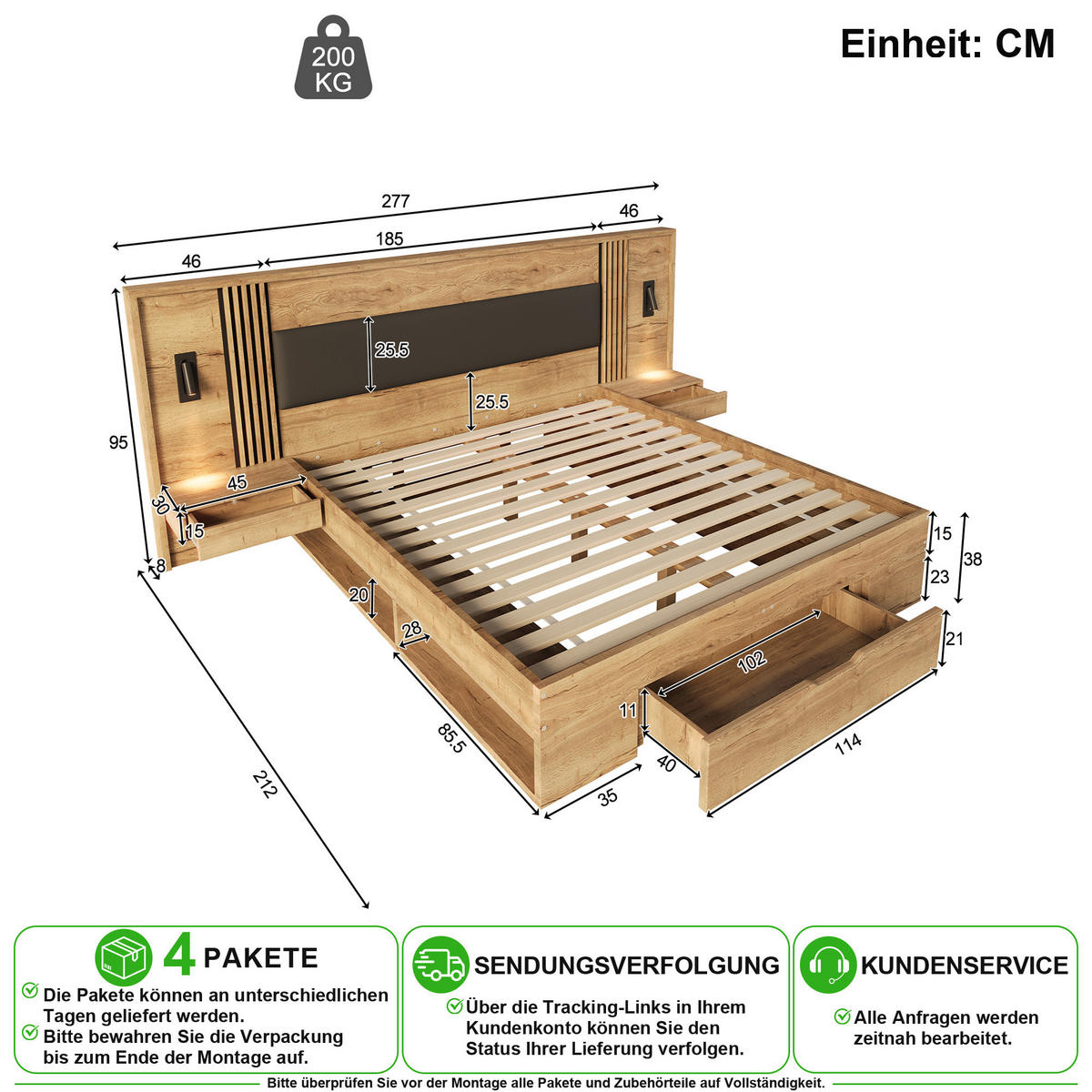 BETT 180/200 cm in Natur mit Bettkasten, Leselampe und Nachttischen - Naturfarben, Holzwerkstoff (180/200cm) - CHICFURN