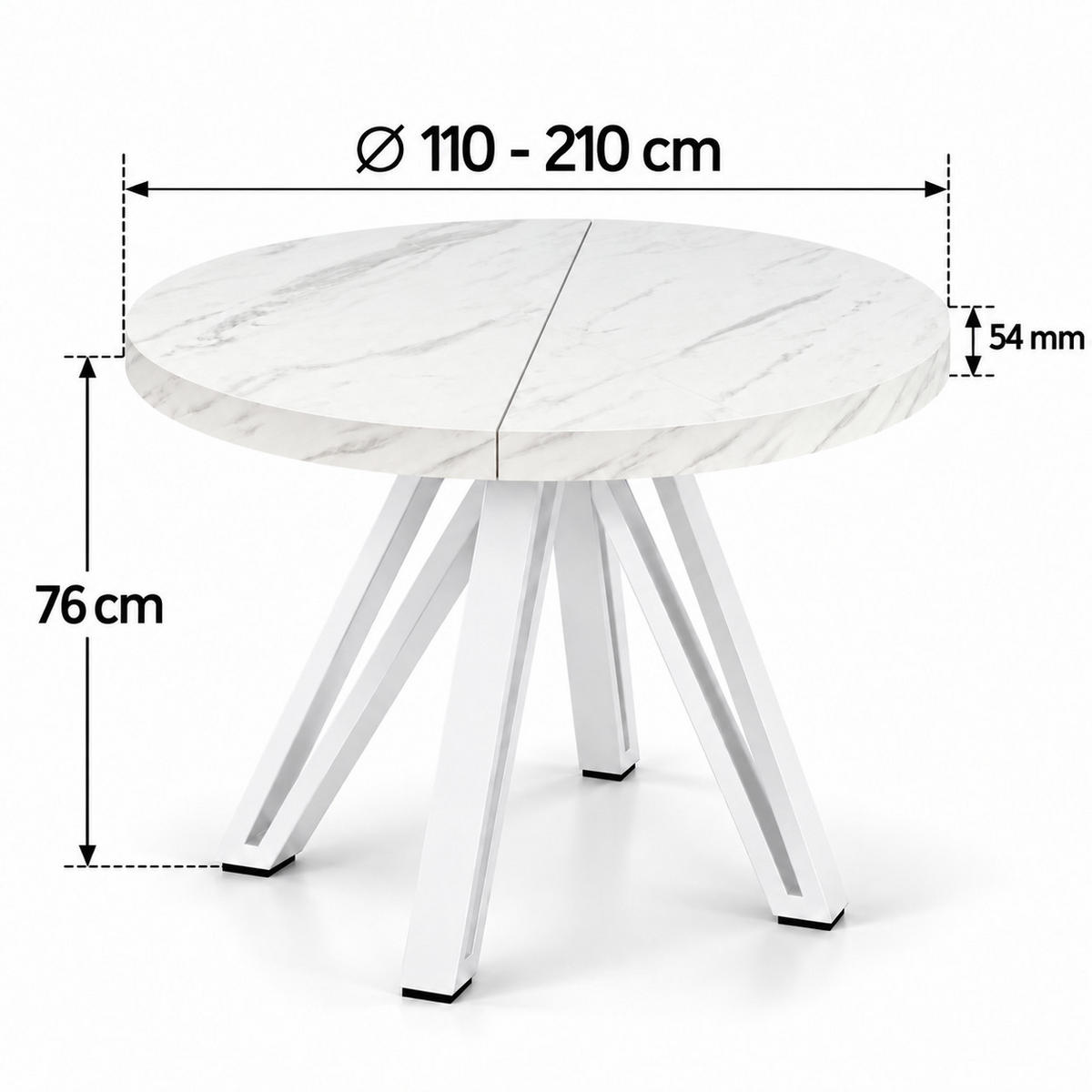 ESSTISCH rund ausziehbar 110/210/76 cm, Marmor, 54 cm Tischplatte + Industrial Metallgestell Weiß - Hellgrau/Weiß, Holzwerkstoff/Metall (110/210/76cm) - Damale Möbel