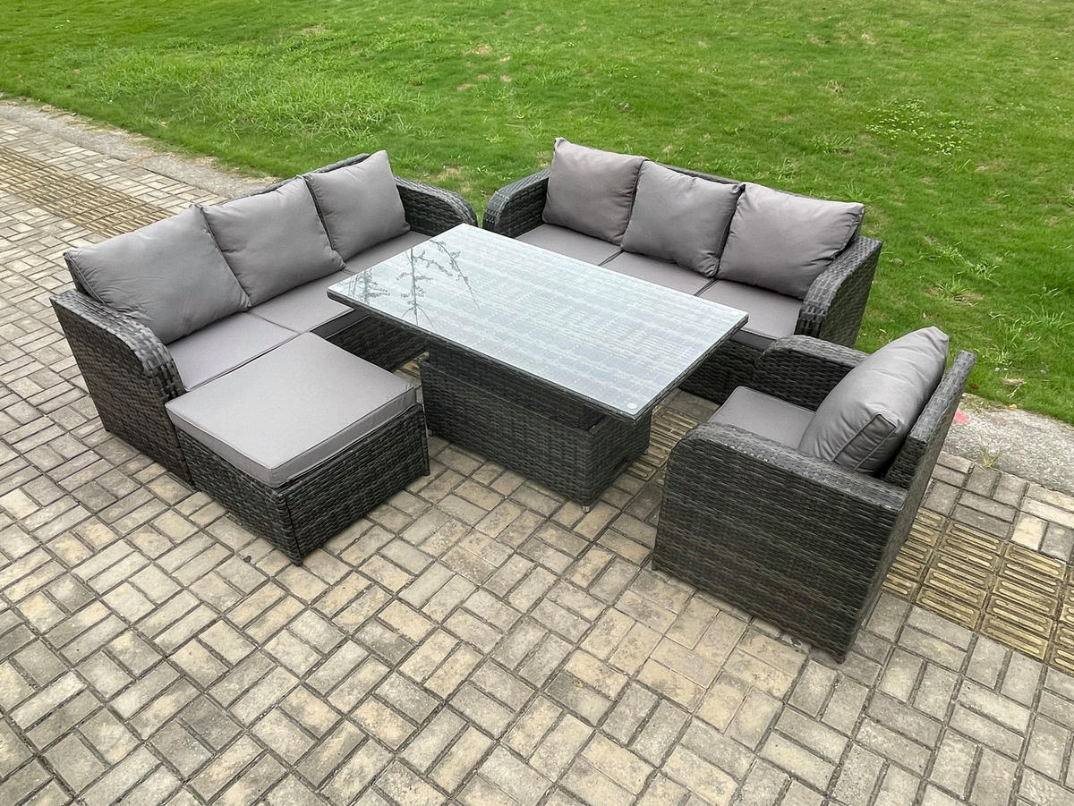 GARTENMÖBELSET mit Höhenverstellbarer Esstisch Polyrattan 8-Sitzer Grau - Dunkelgrau/Grau, Glas/Kunststoff - Fimous