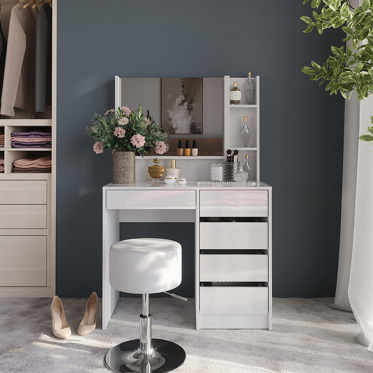 SCHMINKTISCH Sherry Weiß/Weiß Hochglanz 89.8 cm 4 Teile - Weiß Hochglanz, Holzwerkstoff (50.1cm) - Vicco