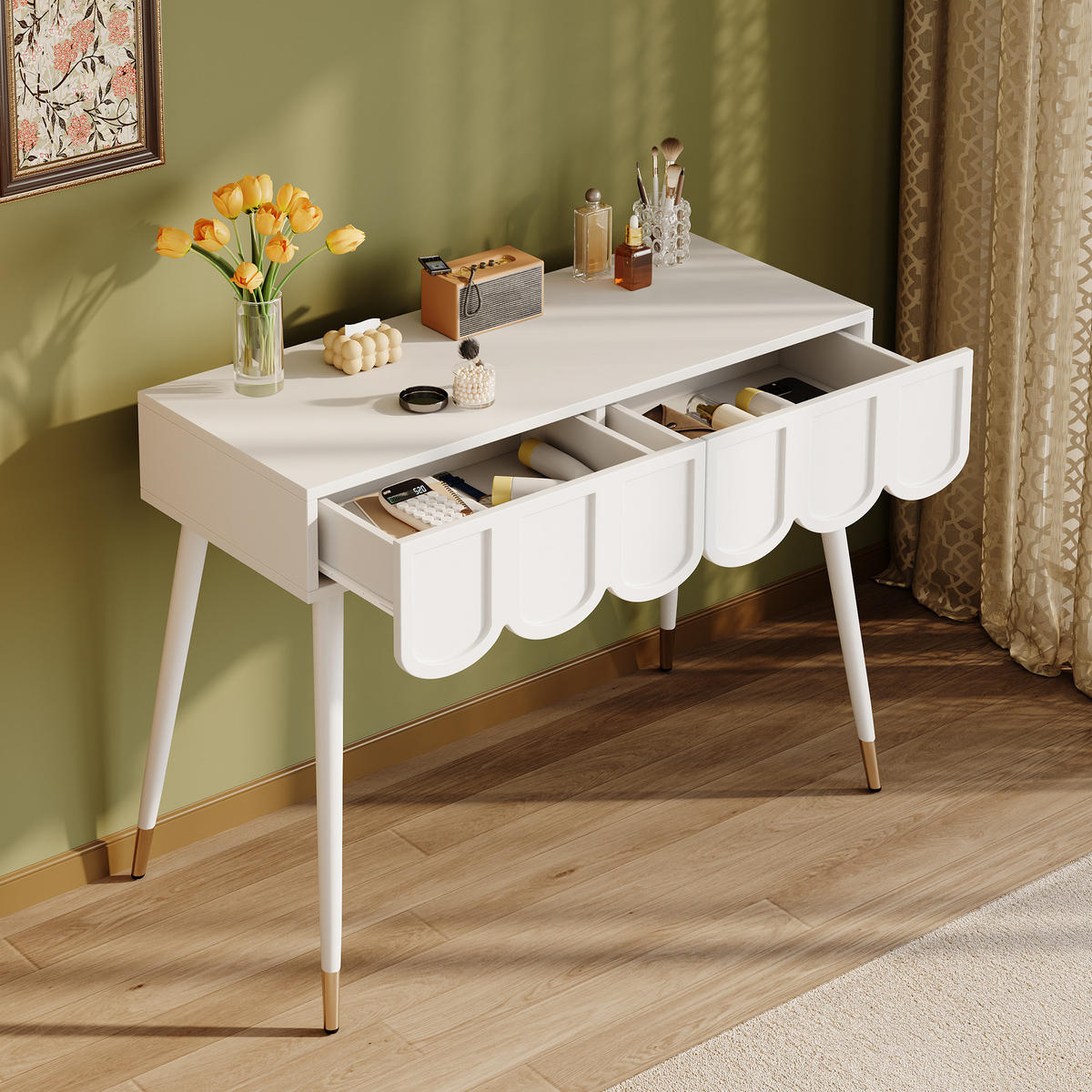 SCHMINKTISCH Weiß mit 2 Schubladen, moderner Frisiertisch mit Metallfüßen, 100x40x76 cm - Weiß, Holz (40/76/100cm) - Ej. Life