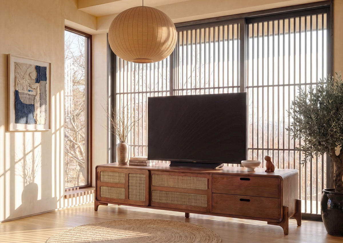 TV-BOARD Mango/Seegras 220x40x50 hellbraun lackiert MIZUMI #105 - Braun, Holz (220/50/40cm) - Massivmoebel24