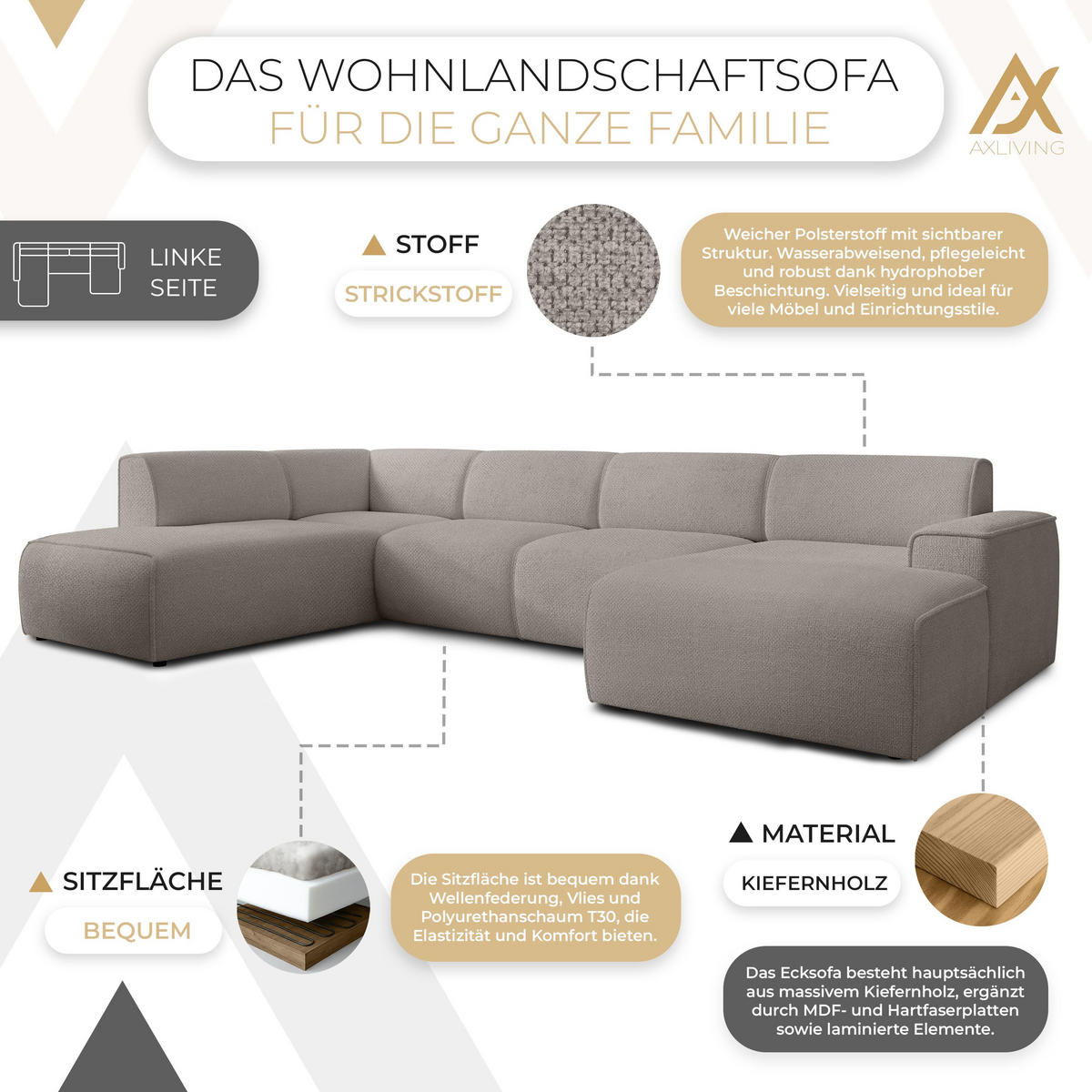WOHNLANDSCHAFT Didim Beige 378/220/78 cm – großes Sofa stilvoll & bequem L - Beige/Schwarz, Kunststoff/Textil (220/78/378cm) - AX Living