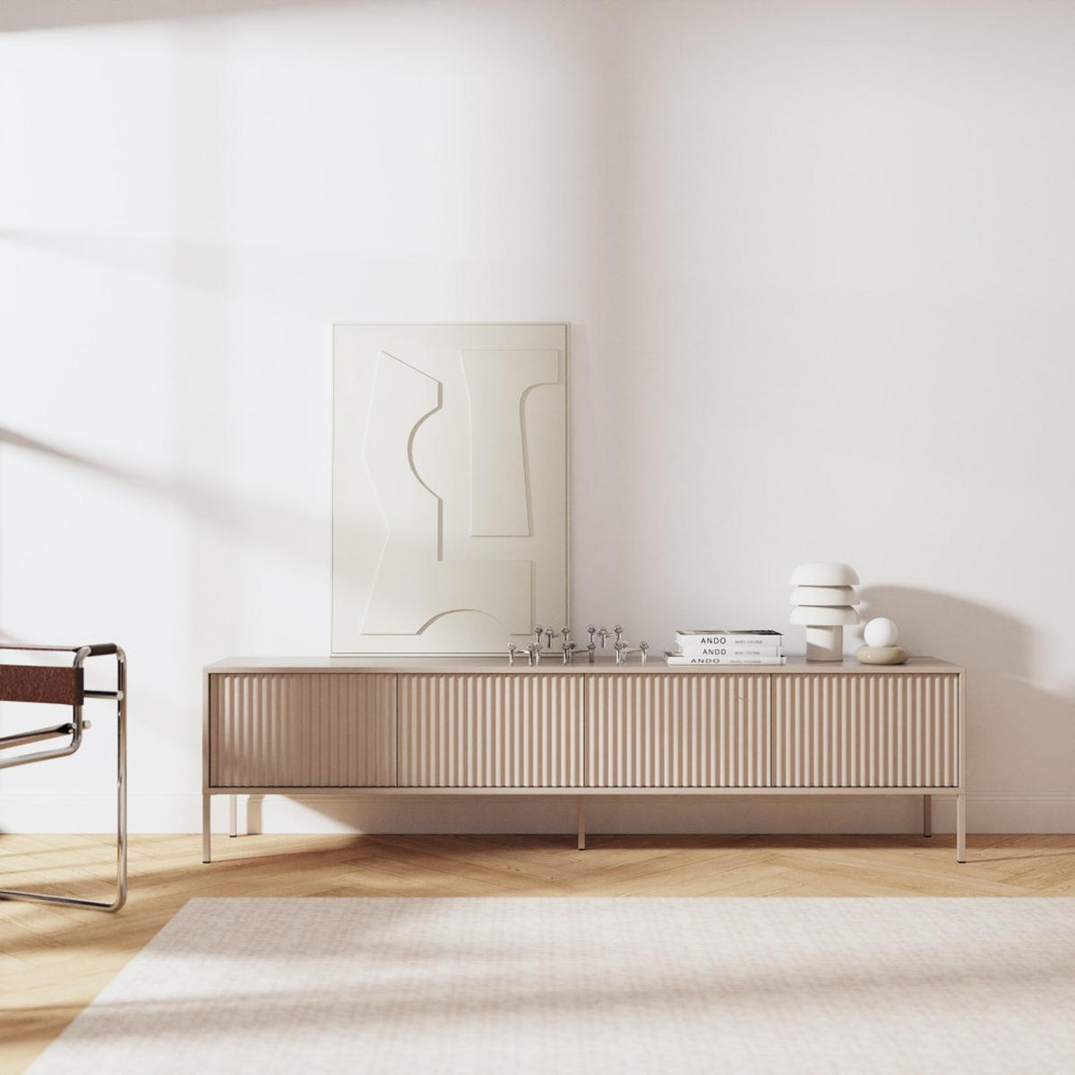 LOWBOARD Noto mit 4 Türen und geriffelten Fronten, 200 cm - Kaschmir, Holzwerkstoff (204/38/53cm) - Beautysofa