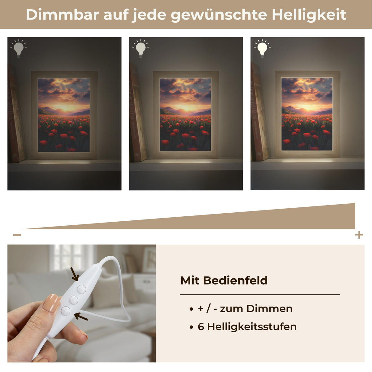 WANDLEUCHTE Landschaft - Sonnenuntergang - Blumenfeld 15x20 cm - Rot, Holzwerkstoff (15/20/8cm) - OnlyWow