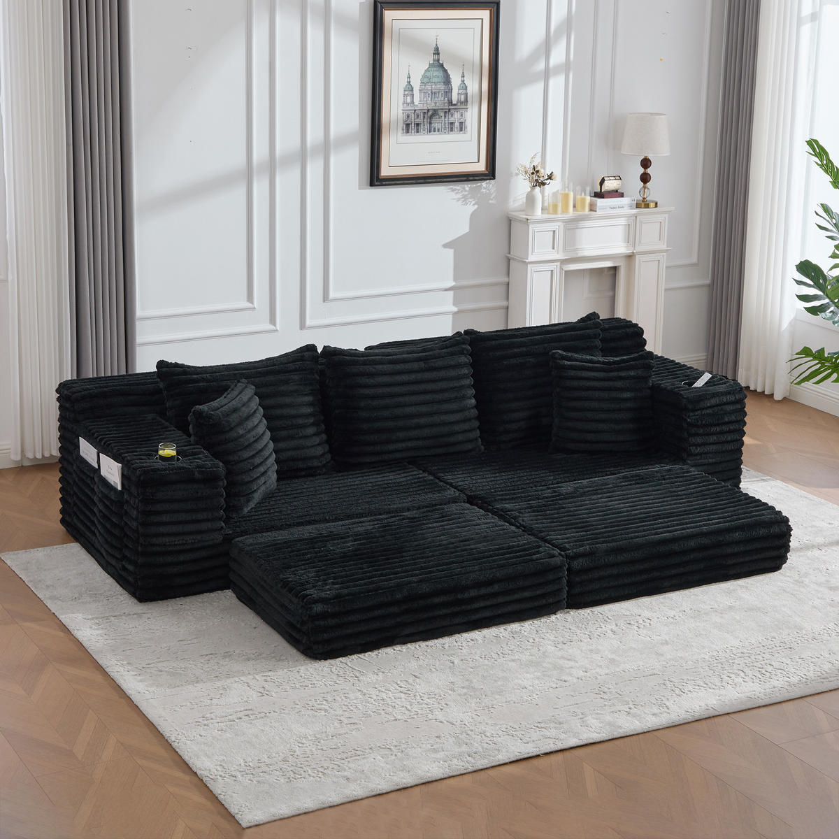 SCHLAFSOFA 273/98/87 cm Schwarz mit beidseitigen Taschen und Getränkehaltern - Schwarz, Textil (107.48/34.25/38.58cm) - Oxeza