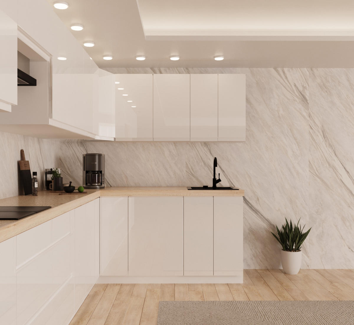 WINKELKÜCHE 420 cm x 200 cm - Aspen KA8-M420 - in Weiß/Hochglanz - Weiß Hochglanz, Holz/Holzwerkstoff (620/212/58cm)